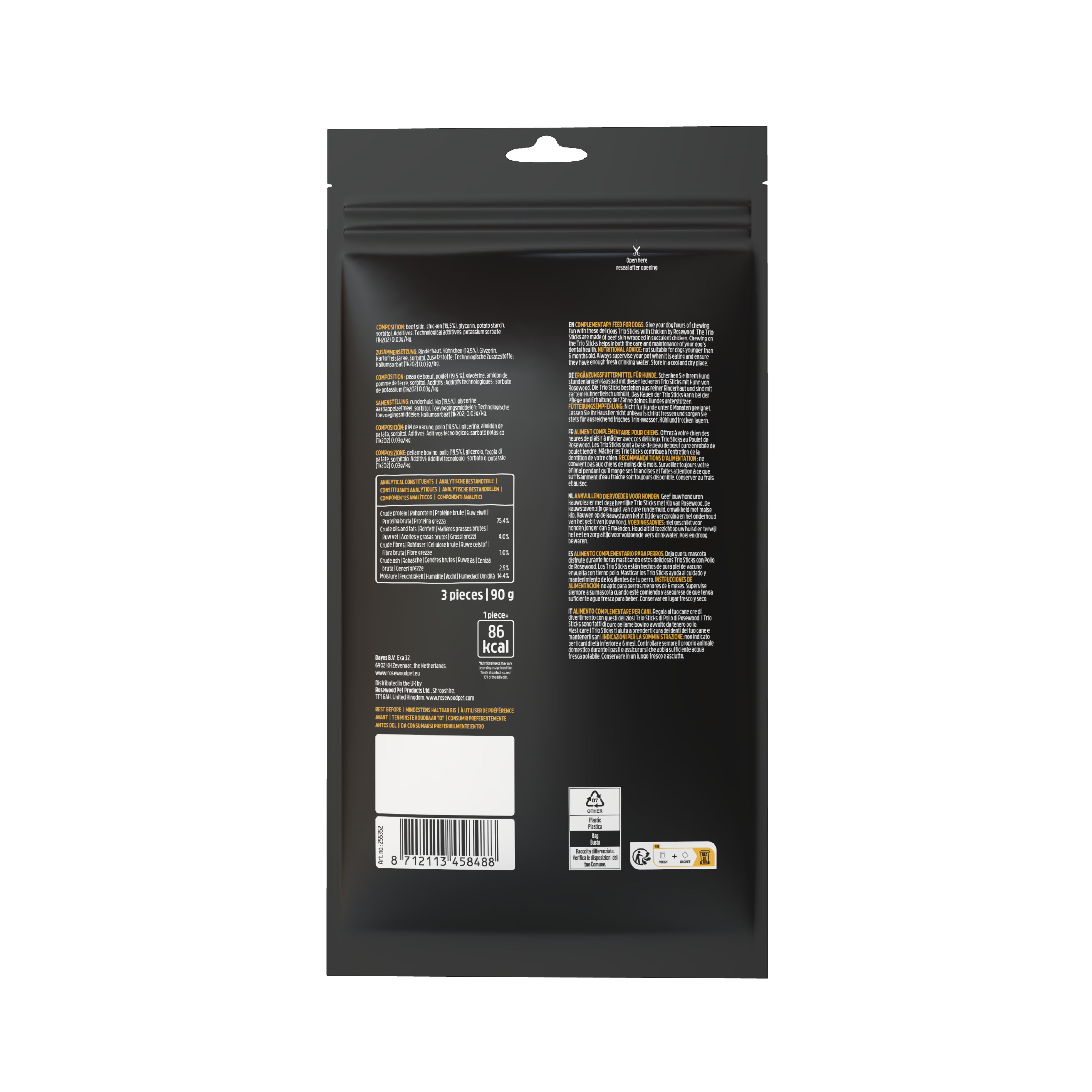 Rückseite der Verpackung von Rosewood Trio Sticks. Enthält Informationen zu Inhaltsstoffen und Nährwerten.