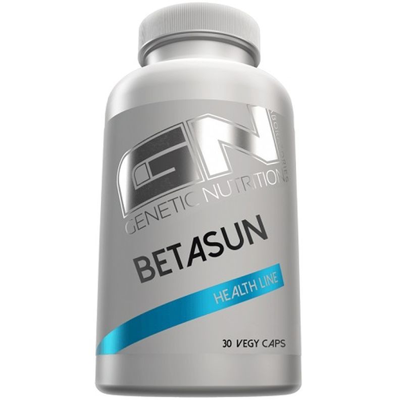 Weiß-silberne Flasche mit „GN Beta SUN“-Etikett. Enthält 30 Kapseln. „Health Line“ und „30 Vegy Caps“ sind ebenfalls sichtbar.