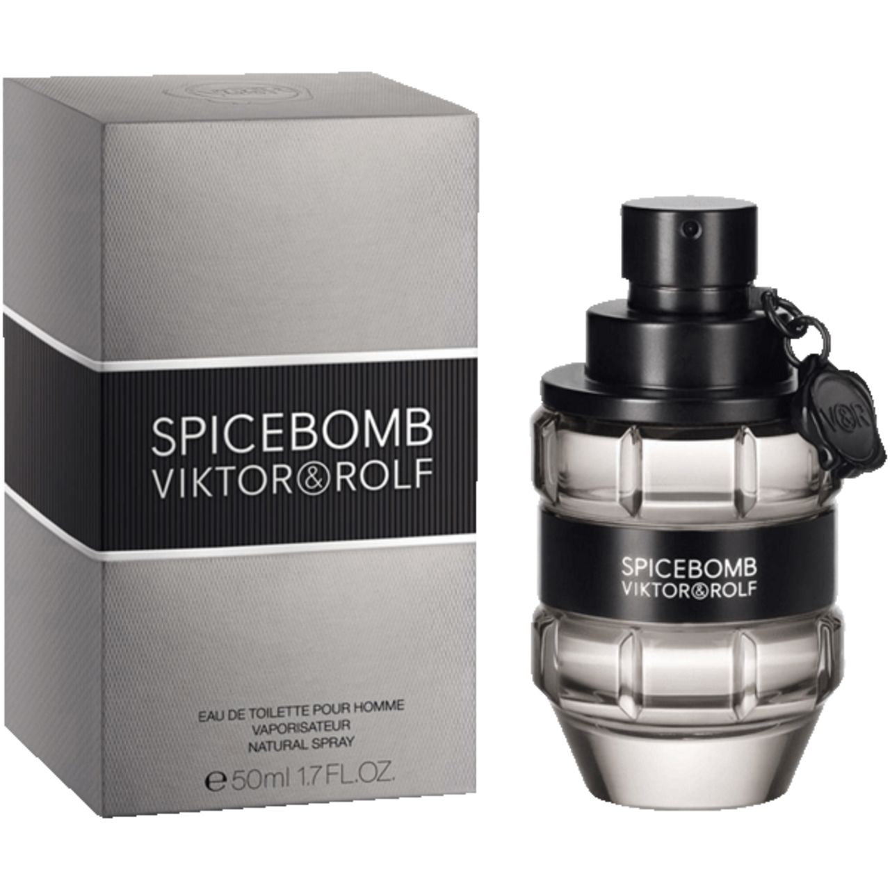 Verpackung und Flakon. Verpackung: grau, Aufschrift SPICEBOMB VIKTOR&ROLF. Flakon: granatenförmig.