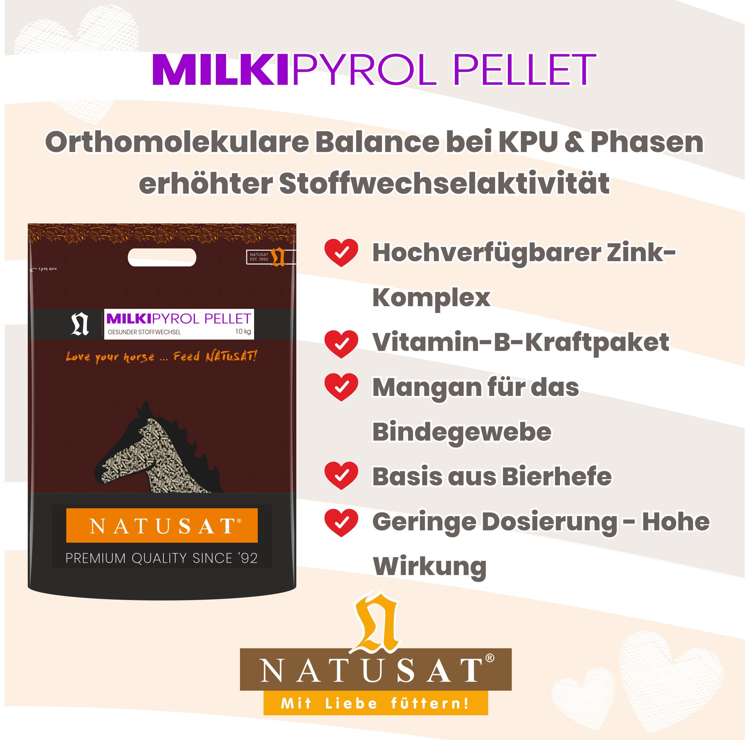 Natusat Milki Pyrol Pellet Sack mit Liste der Vorteile: Zink-Komplex, Vitamin-B, Mangan, Bierhefe.