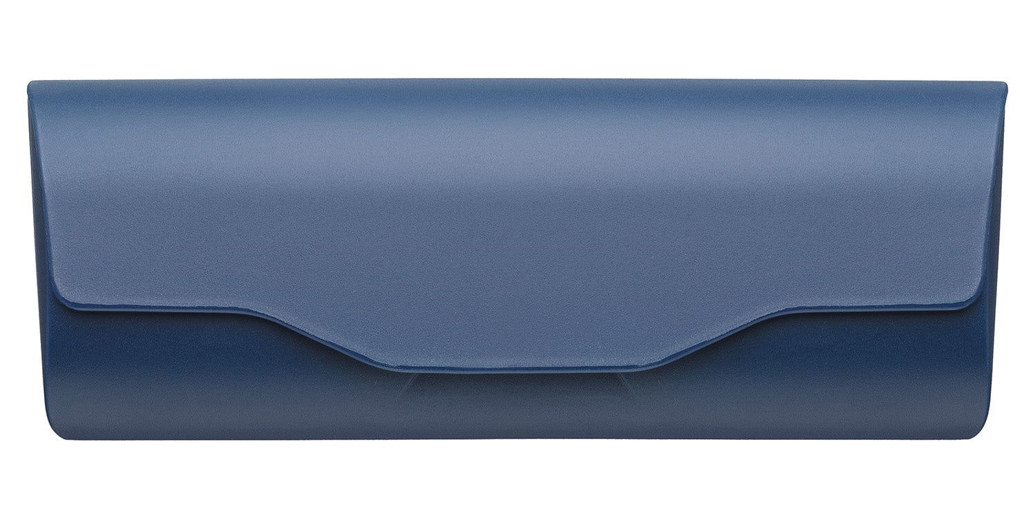 Blaues Kunststoff-Etui, rechteckig mit abgerundeter Kante. Deckel mit geschwungener Aussparung.