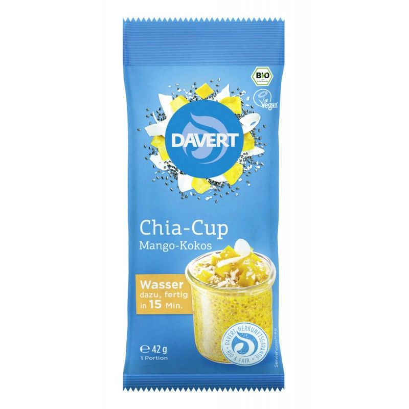 Blaue Verpackung mit Davert Chia-Cup Mango-Kokos. Oben links Bio-Siegel, rechts Vegan-Siegel. Unten ein Glas mit Chia-Pudding.