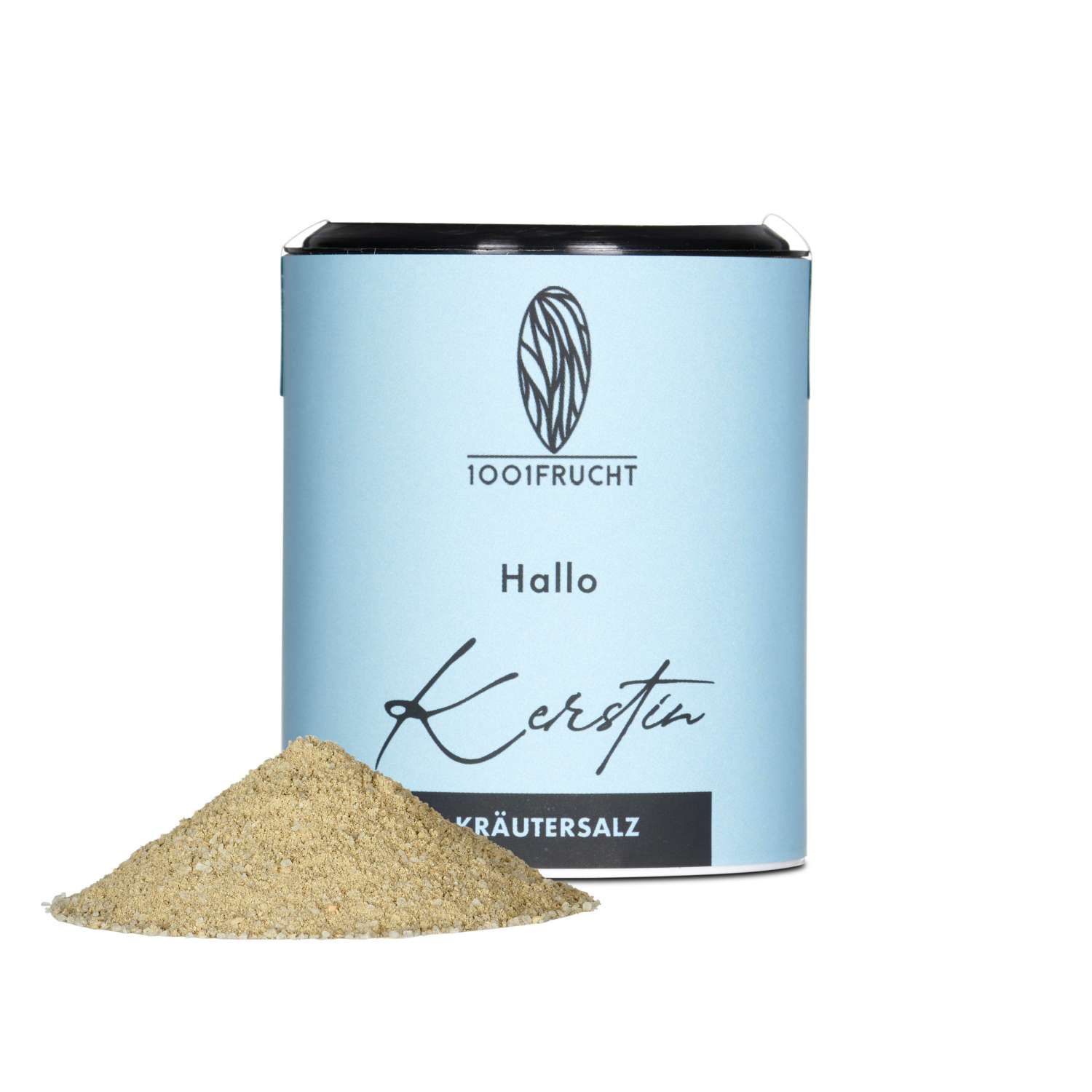 Zylindrische Dose mit Kräutersalz. Aufschrift "1001Frucht", "Hallo Kerstin Kräutersalz". Daneben ein Haufen Salz.
