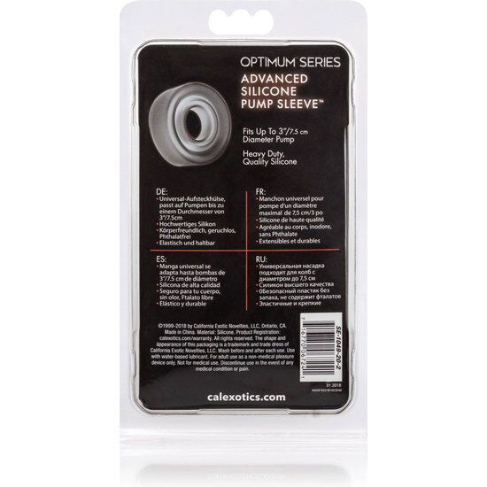 Rückseite der Verpackung für CalExotics Pump Sleeve. Mehrsprachiger Text, Produktinformationen, Herstellerangaben.
