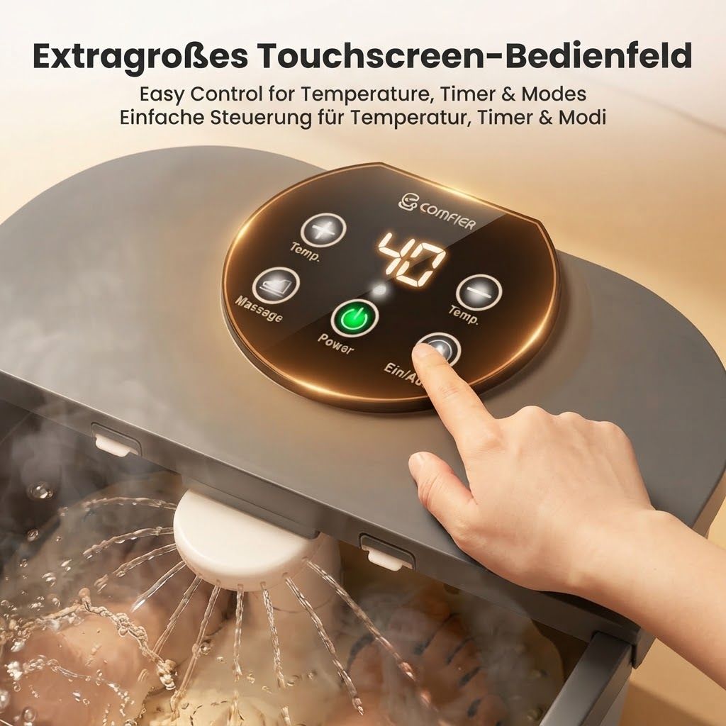 Touchscreen-Bedienfeld mit Temperatur-, Timer- und Modus-Steuerung.