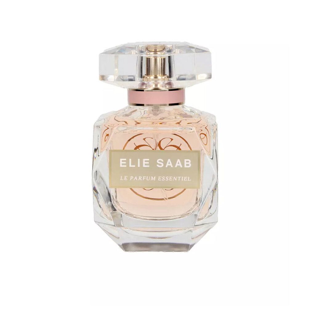 Parfümflakon mit rosa Flüssigkeit. Aufschrift: ELIE SAAB LE PARFUM ESSENTIEL. Transparenter Deckel.