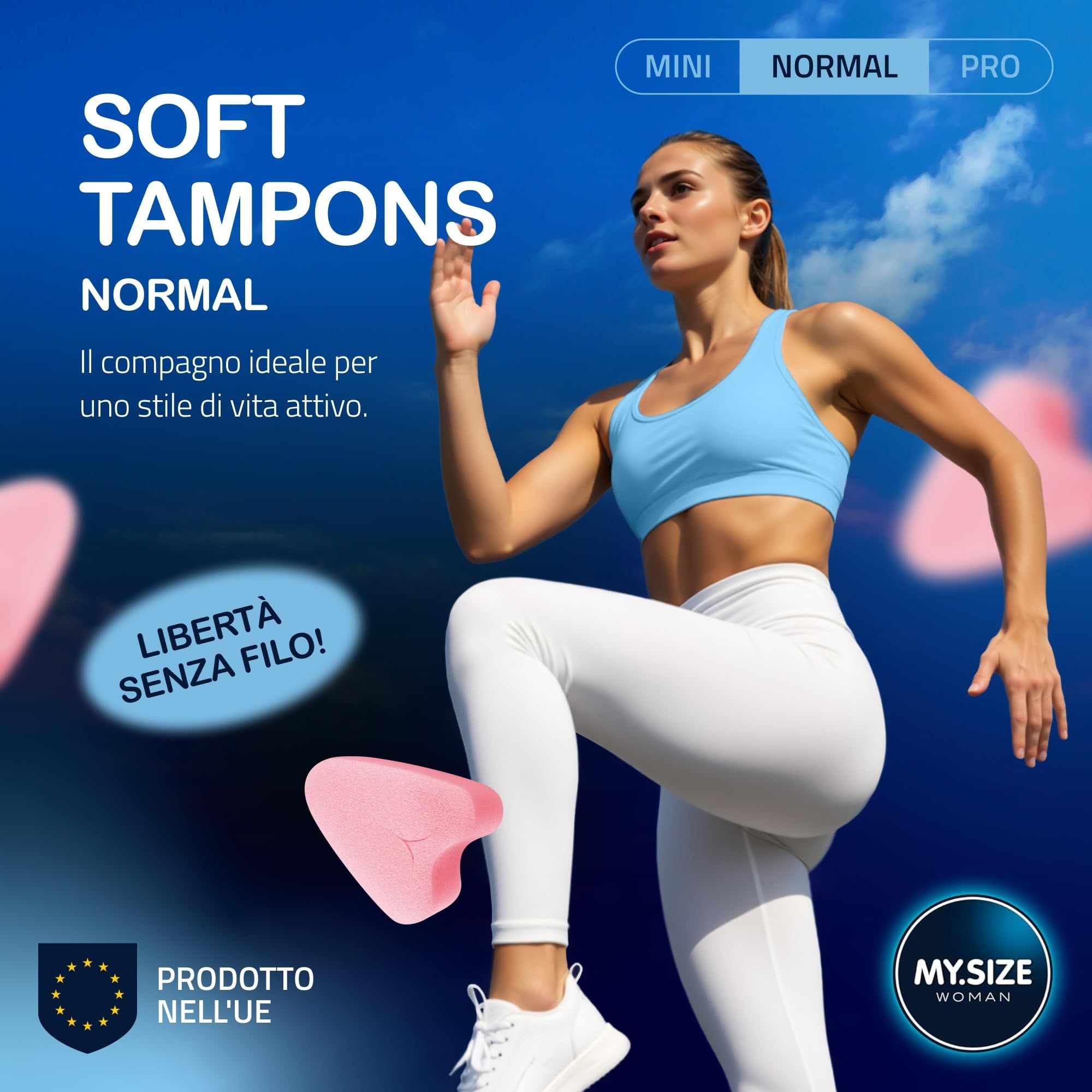 Frau beim Sport, MY.SIZE Woman Soft Tampons Normal. Rosa Tampon-Form. EU-Produkt.