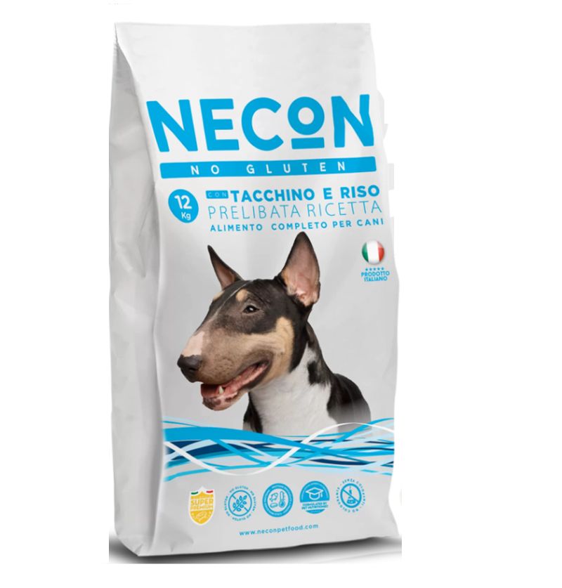 Hundefutterbeutel mit Truthahn und Reis. Aufdruck: NECON, kein Gluten, 12 kg. Abbildung eines Hundes.