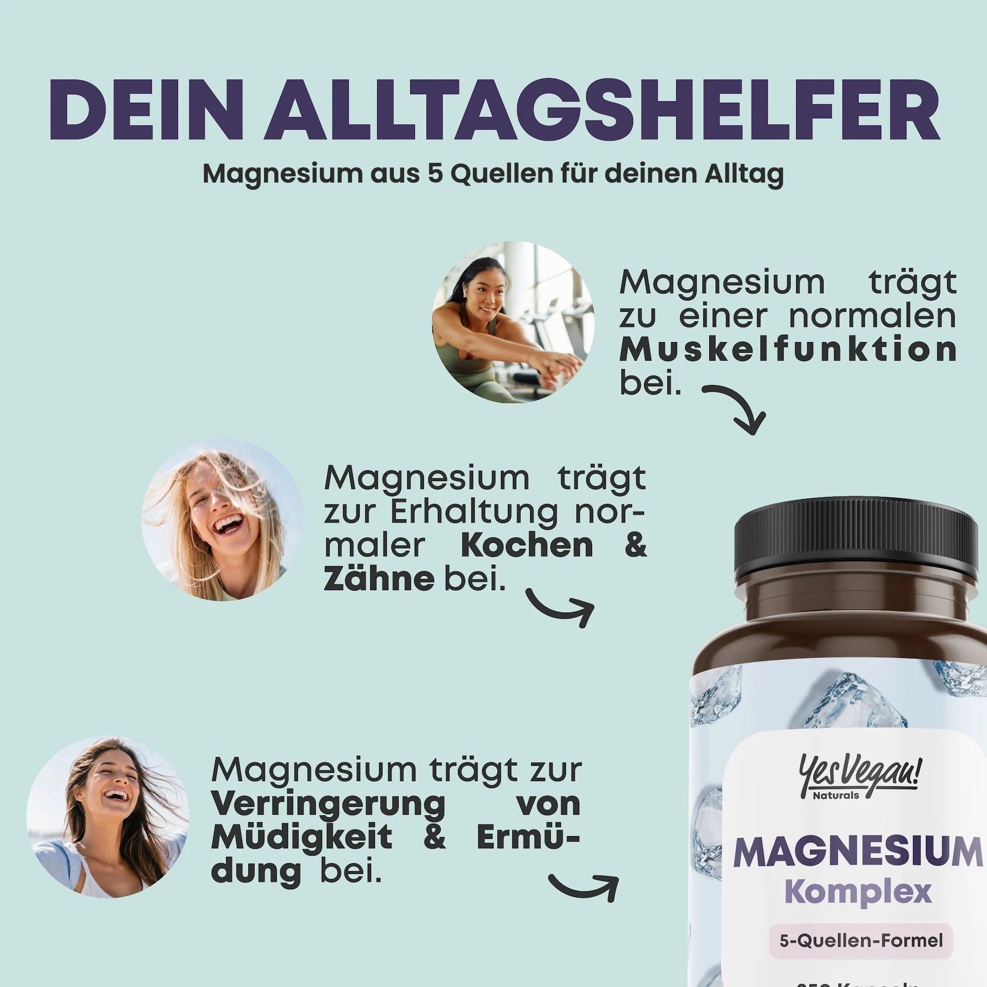 Flasche mit 250 Kapseln Magnesium Komplex von Yes Vegan! 5-Quellen-Formel.