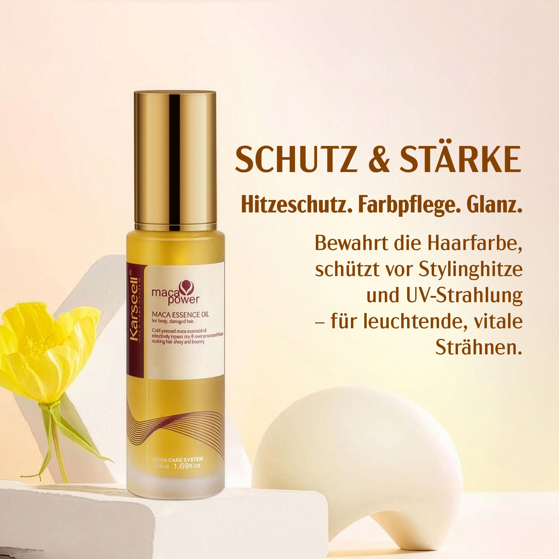 Flasche Haaröl, goldener Deckel, auf Sockel. Text: Karseell, Maca Essence Oil. Hintergrund: gelbe Blume, weißer Sockel.