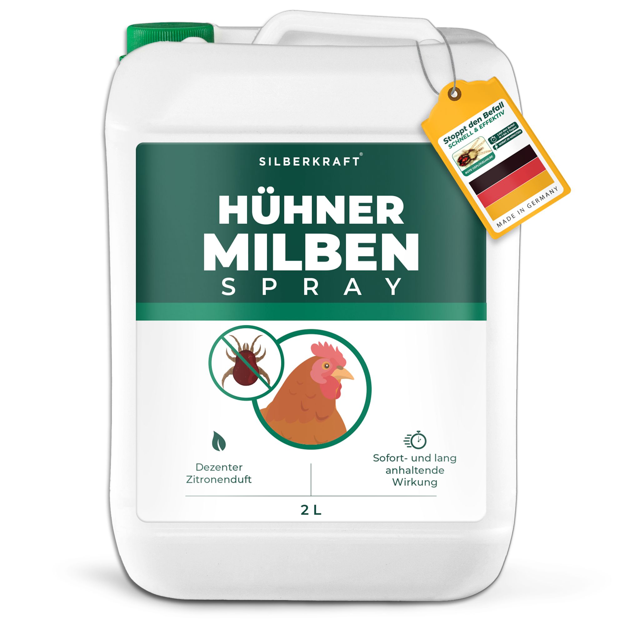 Weißer Kanister mit grünem Etikett. SILBERKRAFT Hühner Milbenspray, 2L. Mit Zertifikat "Stoppt den Befall".