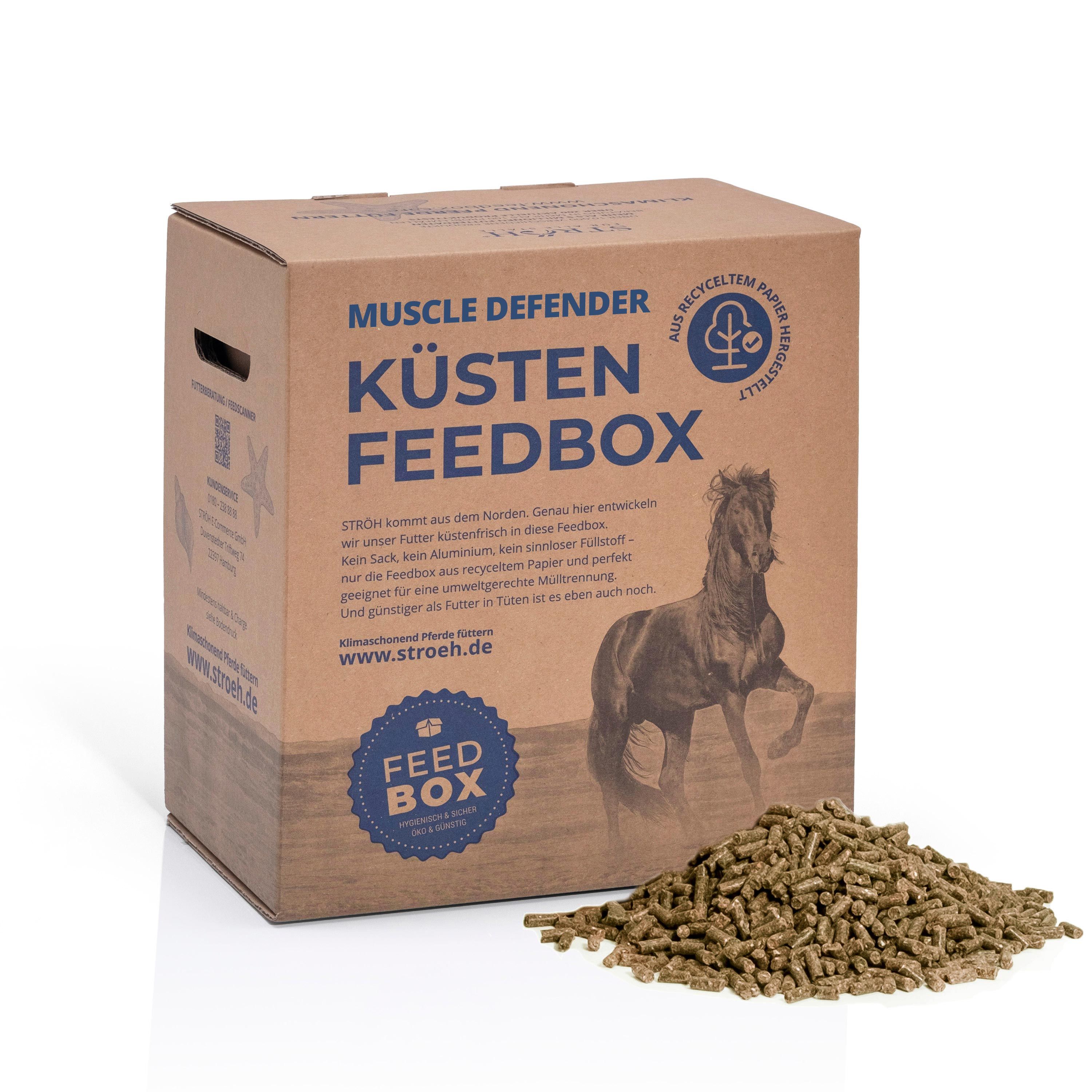 Karton "Muscle Defender Küsten Feedbox" mit Pellets. Braune Verpackung, weißer Hintergrund. Text: Muscle Defender, Feedbox.