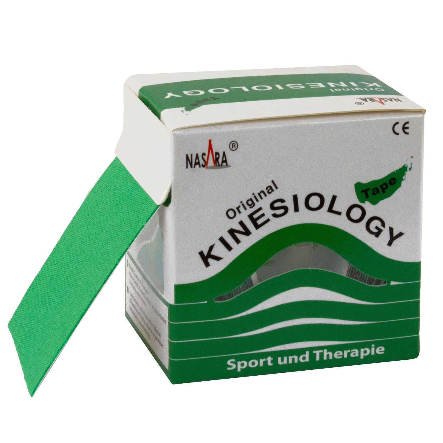 Verpackung mit Kinesiologie Tape. Grün. Aufschrift: Original KINESIOLOGY TAPE. Marke: NASARA. CE-Zeichen. Tape sichtbar.