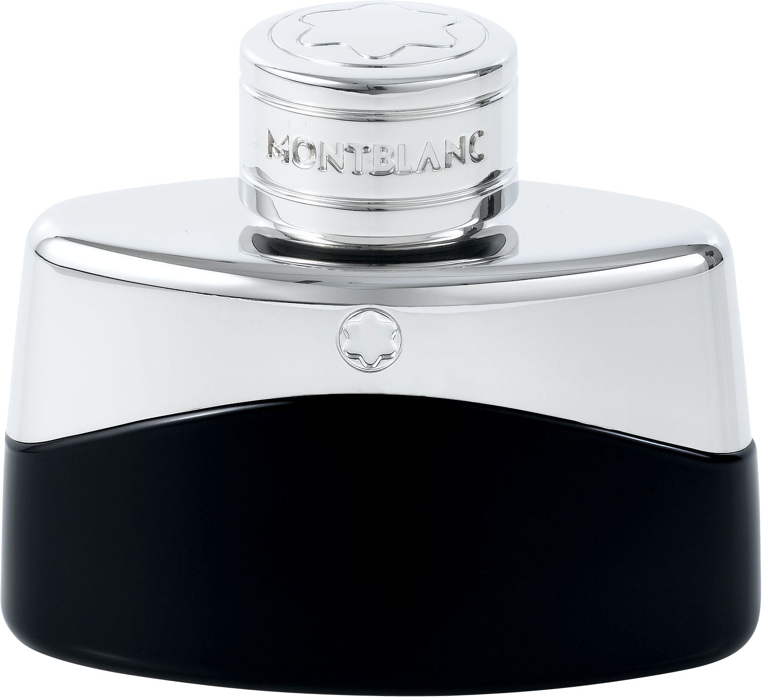 Schwarzer Flakon mit silbernem Deckel. Der Deckel trägt den Schriftzug MONTBLANC. Das Logo ist auf dem Flakon sichtbar.