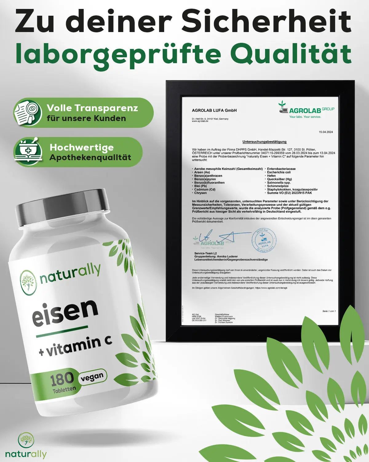 Werbung mit Flasche und Zertifikat. Text: Laborgeprüfte Qualität. Transparenz, Apothekenqualität.