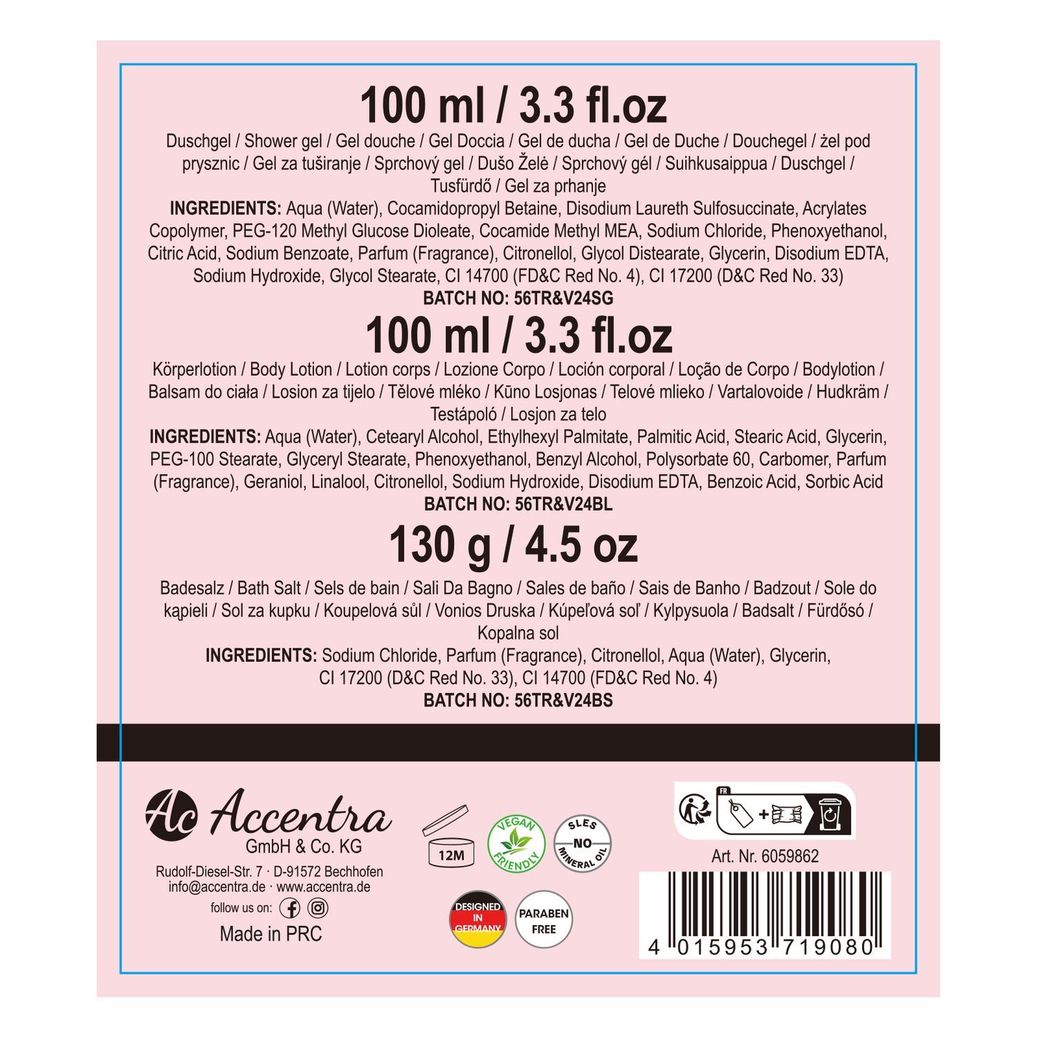 Rückseite des Accentra Geschenksets mit Produktinformationen und Inhaltsstoffen.