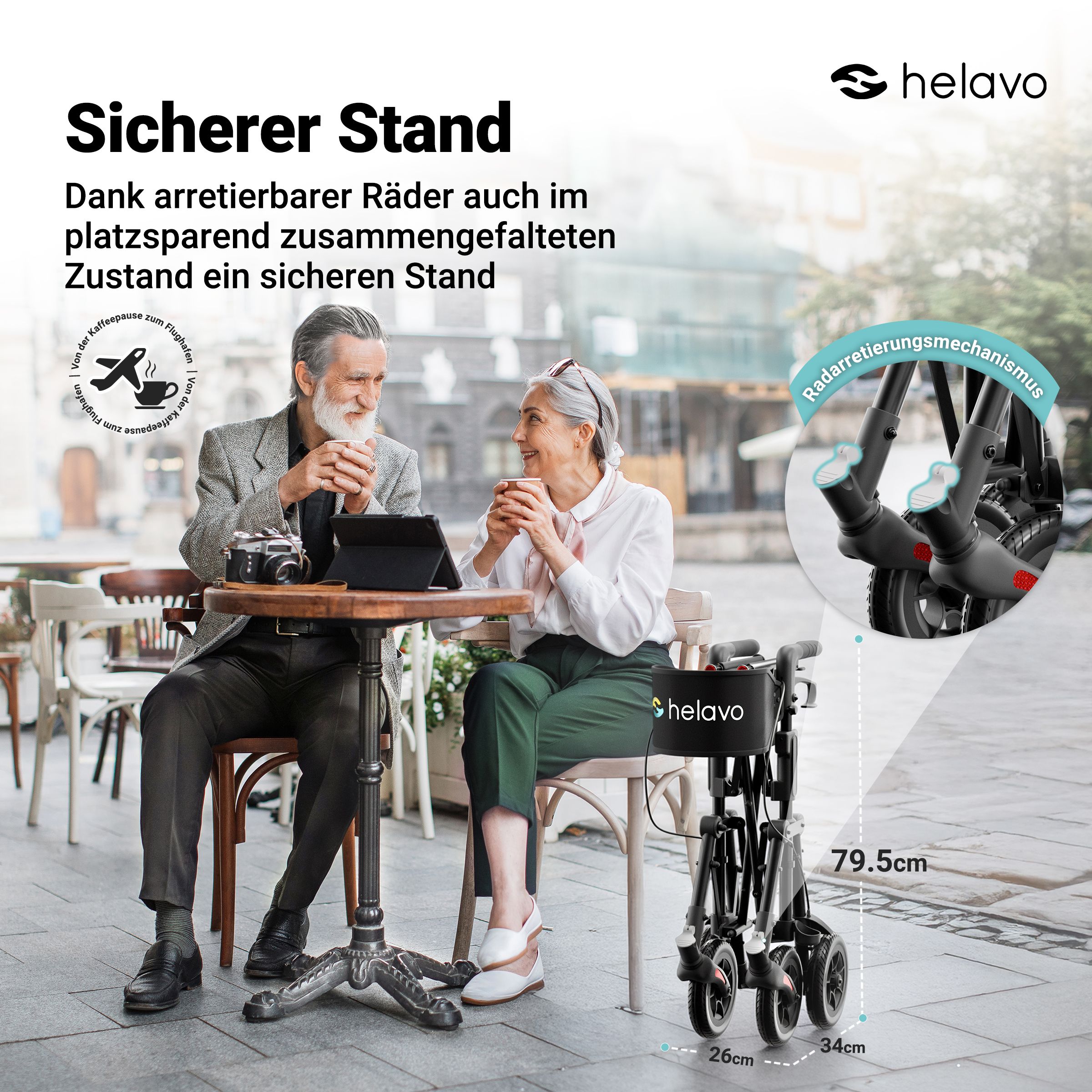 Helavo Reiserollator faltbar leicht mit Sitz Transporttasche und PU Raedern 8,5kg
