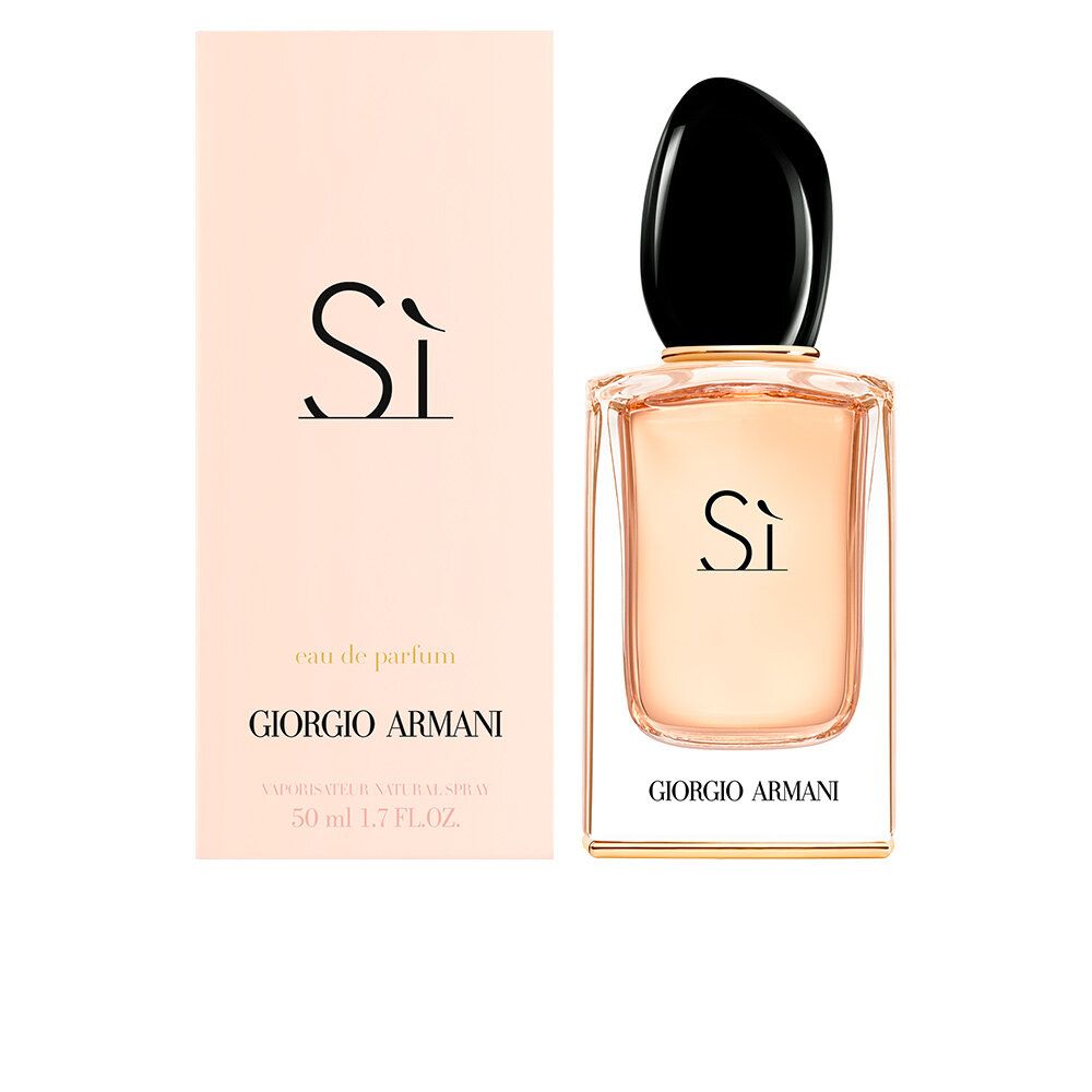 Flakon und Verpackung. Flakon mit schwarzem Deckel, Aufschrift: Sì, GIORGIO ARMANI. Verpackung mit Aufschrift: Sì, GIORGIO ARMANI.