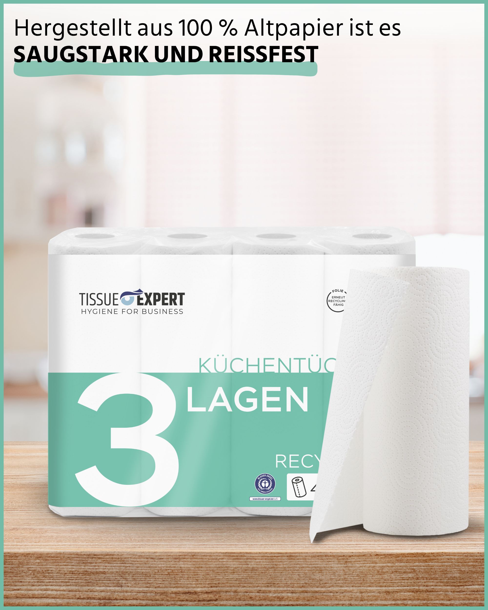 Packung mit 3 Rollen Küchenpapier, 3 Lagen, Recycling-Produkt, saugstark und reißfest.