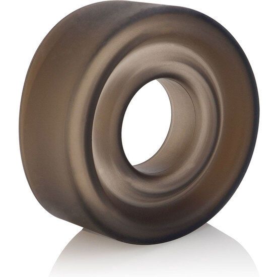 Rauchfarbenes, zylindrisches Silikon-Pump Sleeve mit zentraler Öffnung. Glatte Oberfläche, abgerundete Kanten.