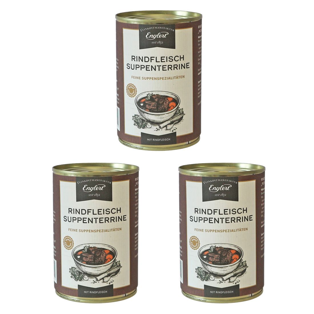 Drei Dosen Rindfleisch Suppenterrine. Auf jeder Dose ist das Logo von Englert und der Produktname zu sehen.