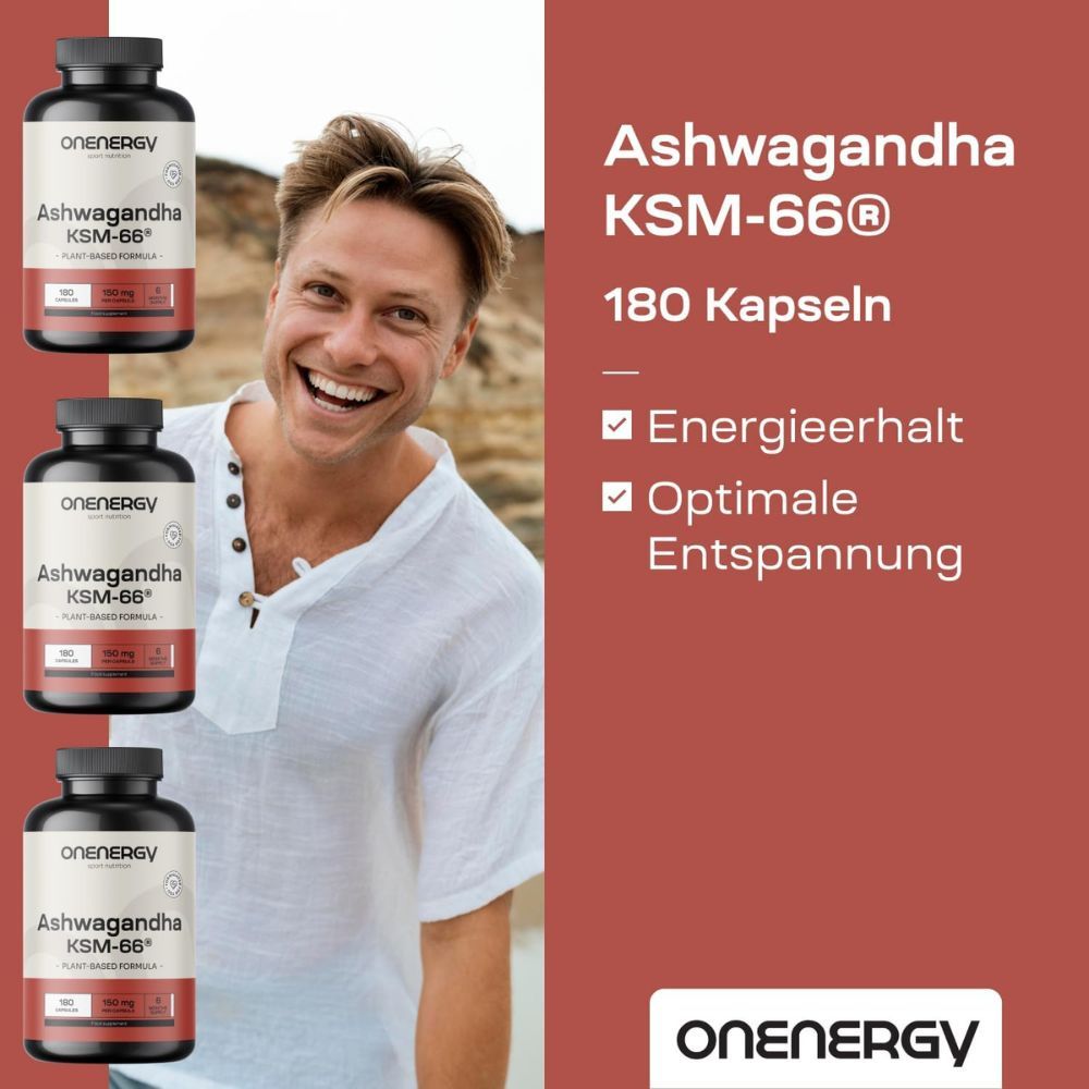 Mann lächelt. Hinter ihm: 3 Flaschen Ashwagandha KSM-66. Text: Energieerhalt, optimale Entspannung.