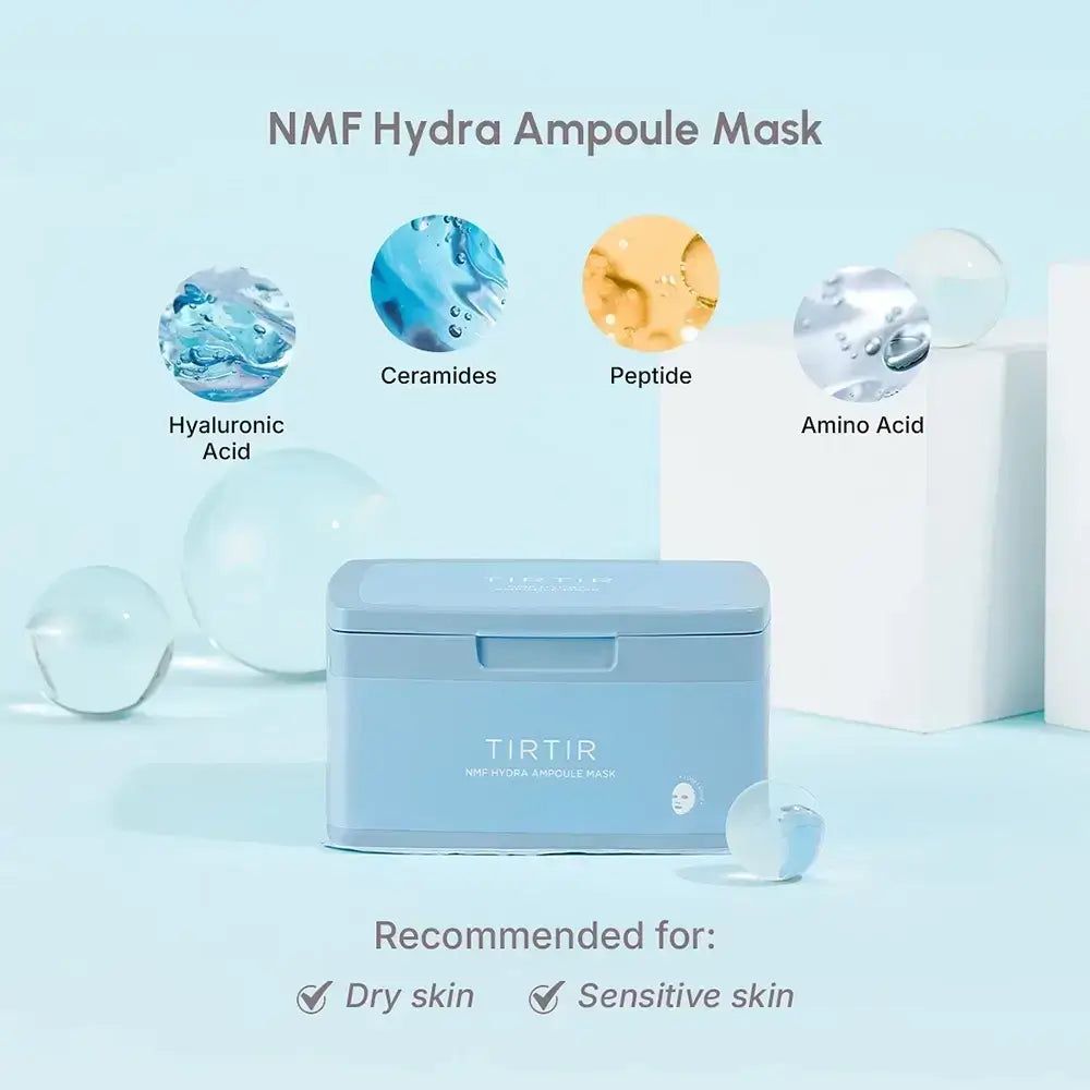 Hellblaue Box mit Deckel. Aufschrift: TIR TIR NMF Hydra Ampoule Mask. Empfohlen für trockene und empfindliche Haut.