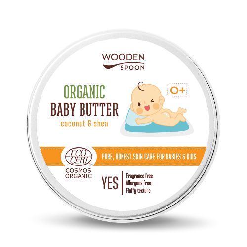 Runde Dose mit Aufschrift "Wooden Spoon Organic Baby Butter". Logo mit Baby-Illustration und Öko-Zertifizierung.