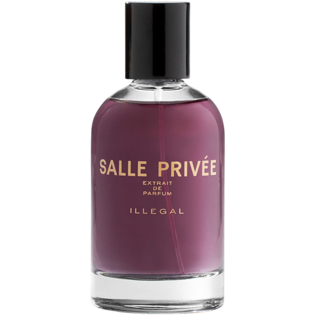 Flasche mit lila Flüssigkeit, schwarzem Deckel. Aufschrift: SALLE PRIVÉE, ILLEGAL, Extrait de Parfum.