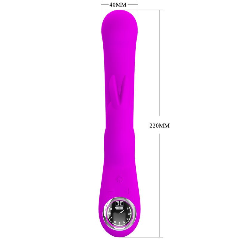 Lila Vibrator mit Maßen. 220mm lang, 40mm breit. Mit Bedienfeld.