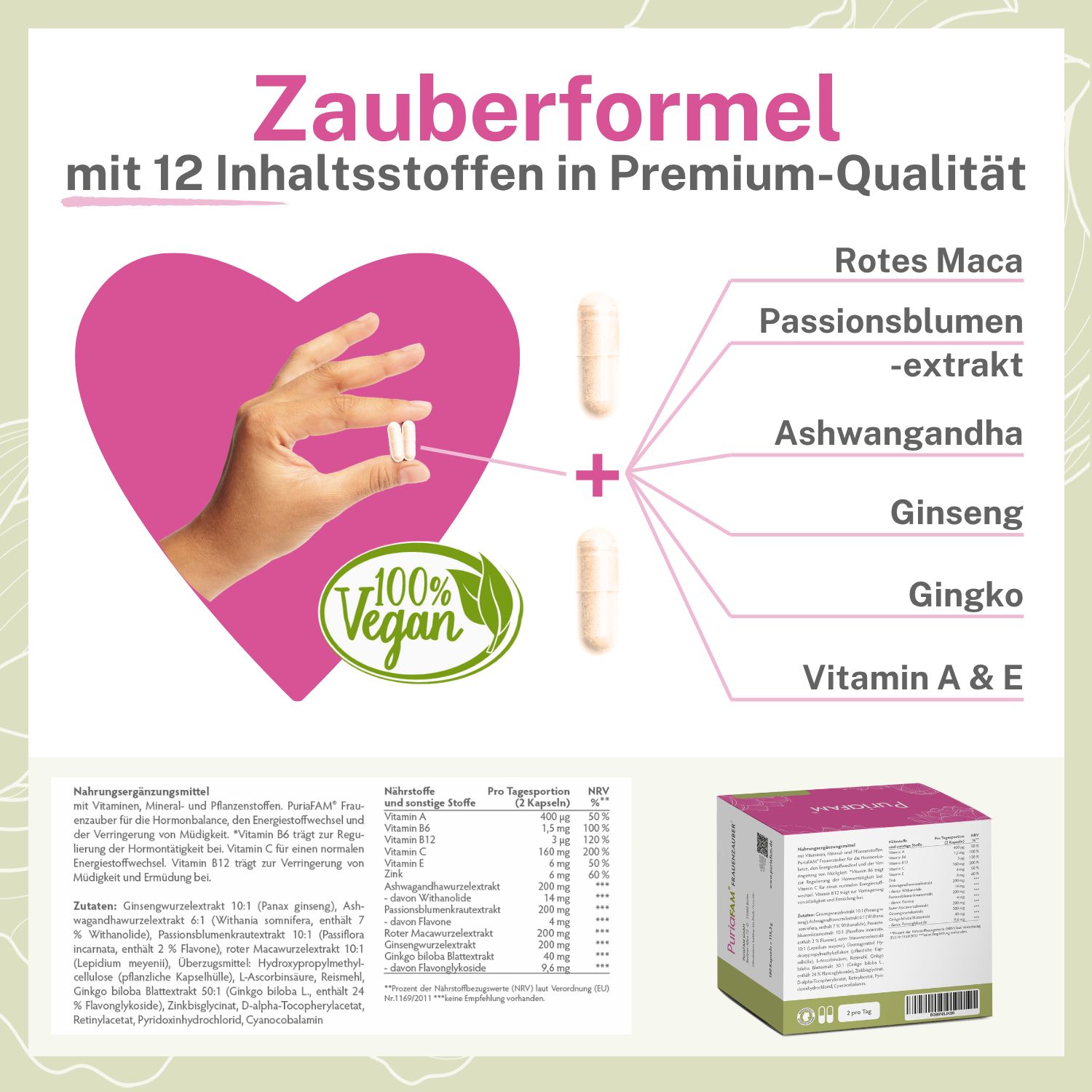 Grafik mit Kapseln und Inhaltsstoffen. 12 Inhaltsstoffe in Premium-Qualität. 100% Vegan-Siegel. Nährwerttabelle.