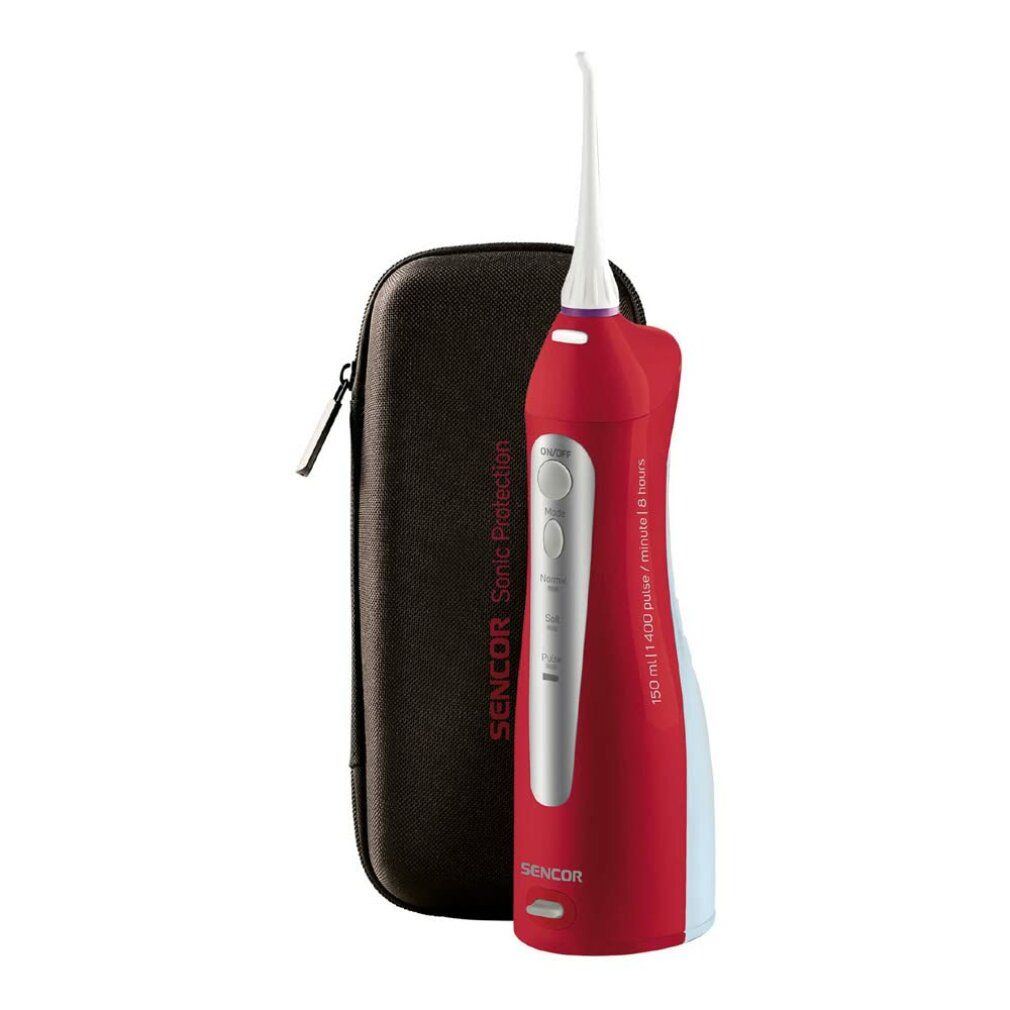 Rotes Munddusche-Gerät mit weißer Spitze und schwarzer Tasche. Auf dem Gerät steht "SENCOR Sonic Protection".