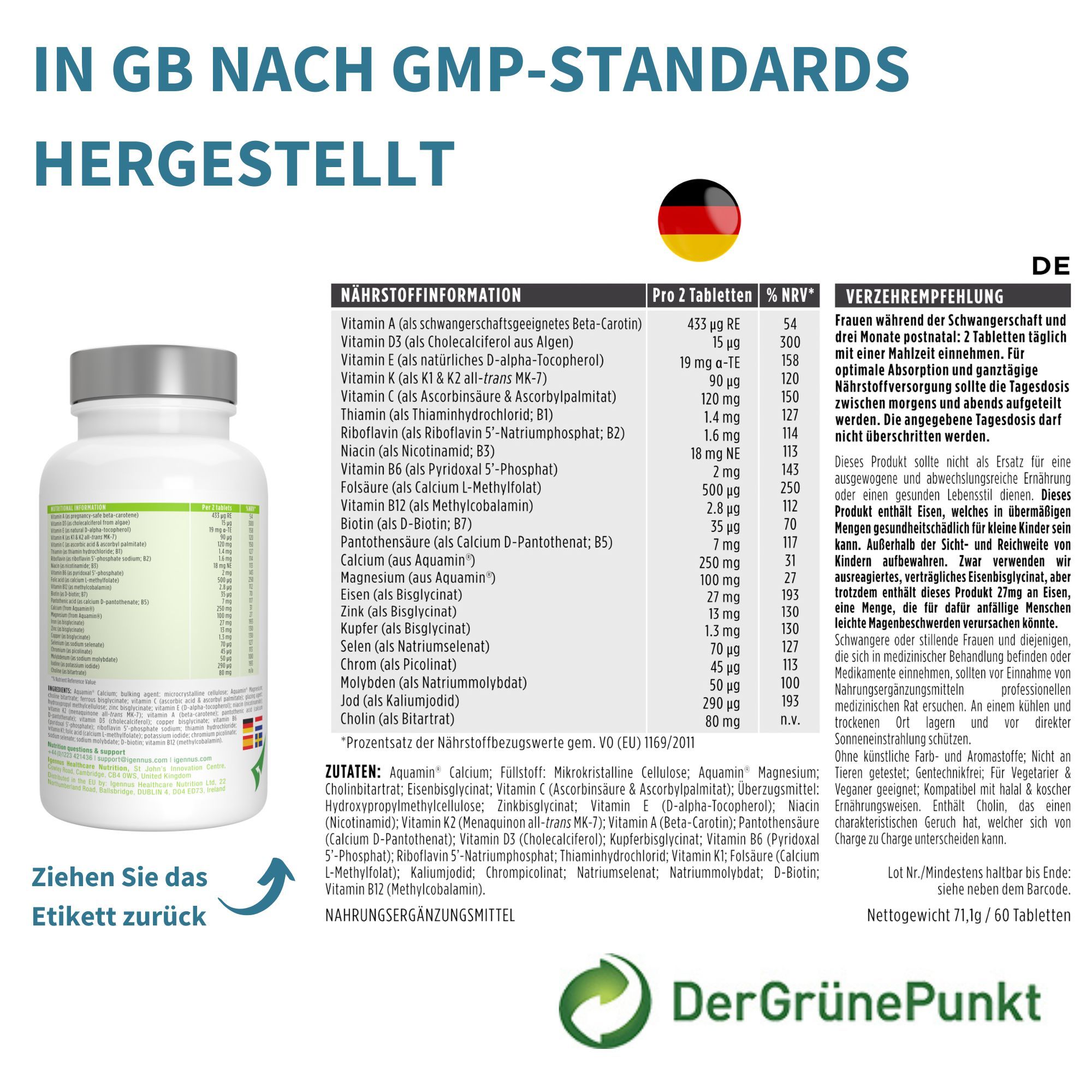 Rückseite einer Flasche Igennus Schwangerschaftsvitamine mit Nährwertangaben und deutscher Flagge.