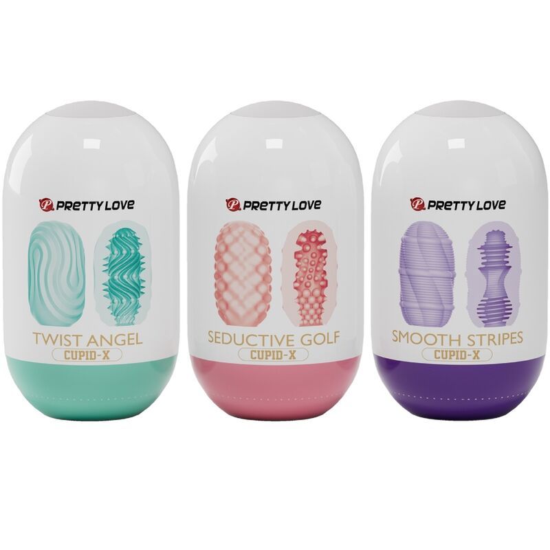 Drei ovale Behälter. Aufschrift: Pretty Love, Cupid-X. Farben: Grün, Rosa, Lila. Texturen: Twist Angel, Seductive Golf, Smooth Stripes.
