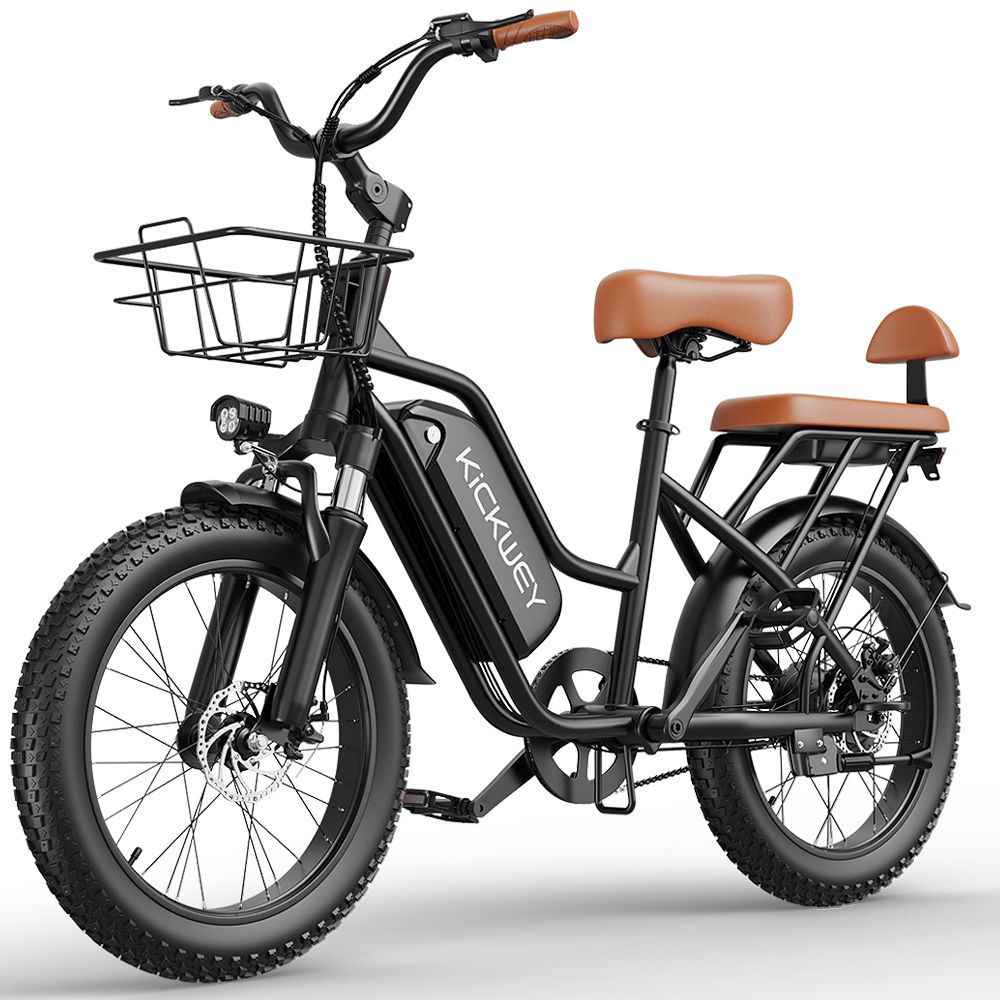 Schwarzes E-Bike mit braunem Sattel und Korb. Akku mit KICKWEY-Logo. Nahaufnahme.