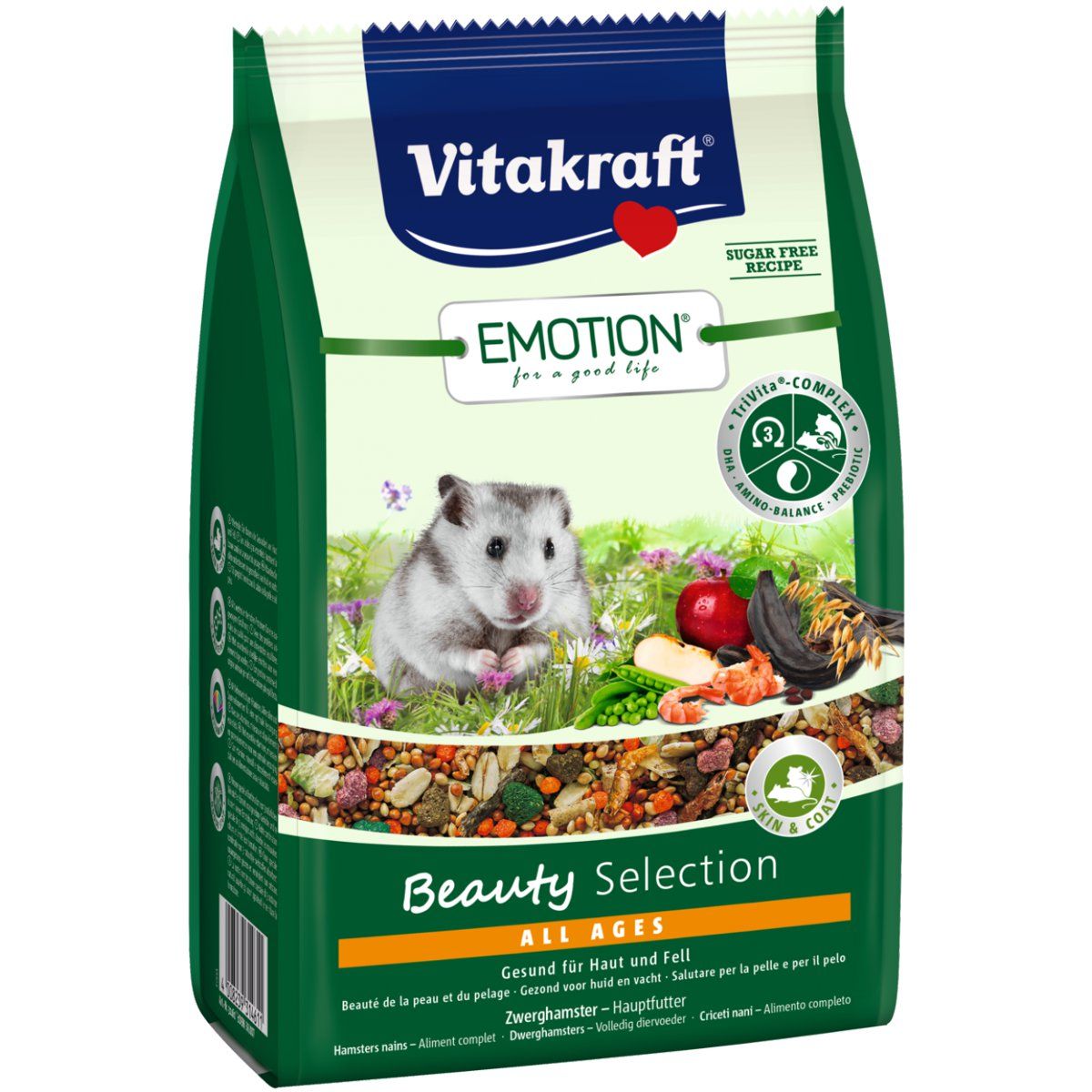Verpackung von Vitakraft Emotion Beauty All Ages. Hamsterfutter mit Hamsterabbildung und Produktbezeichnungen.