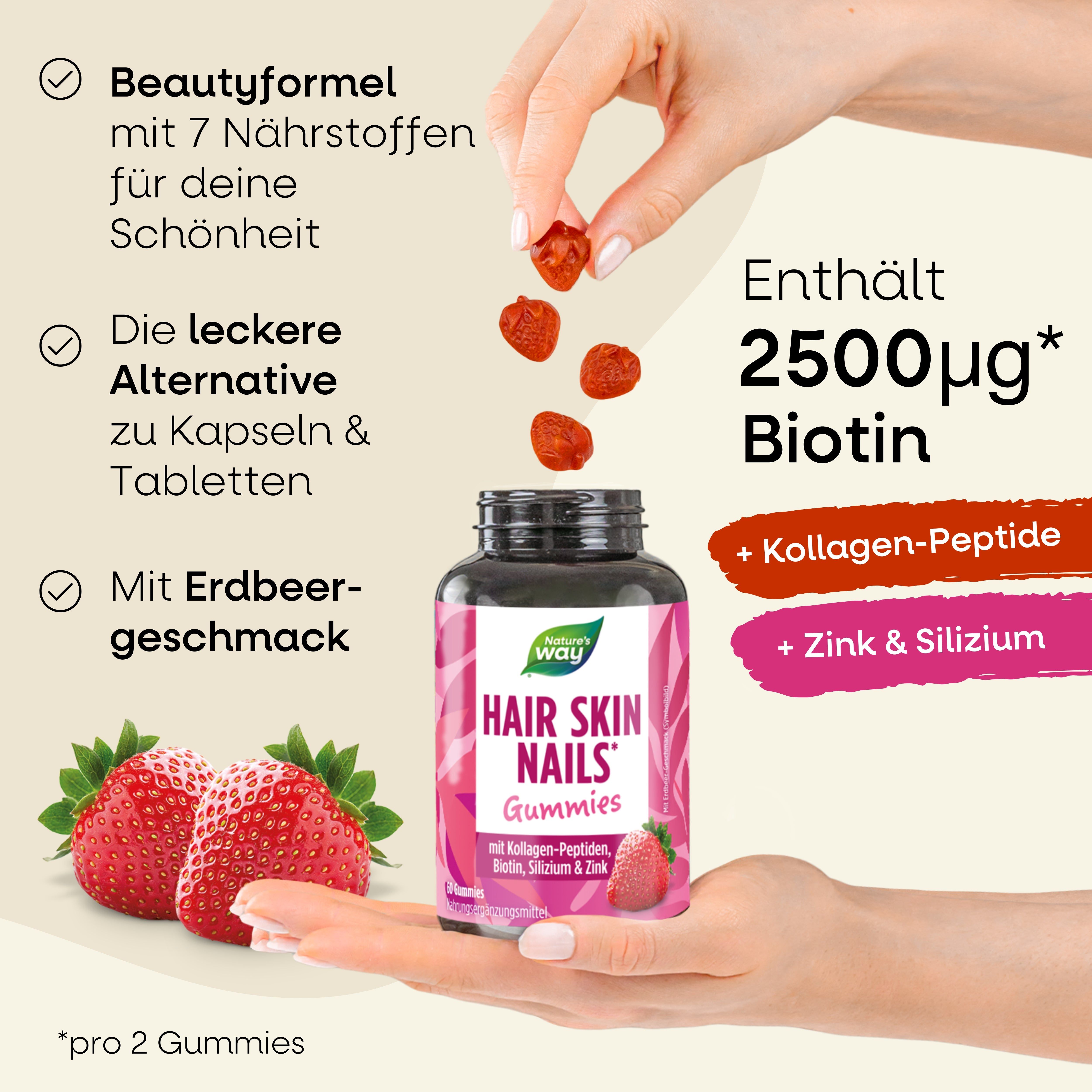 Hair Skin Nails Gummies I 4in1 mit 2500 µg Biotin, Zink, Kollagen, Silizium I Erdbeer-Geschmack I...