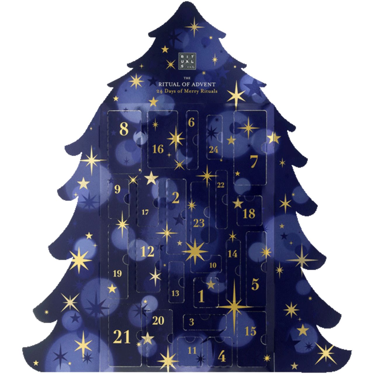 Adventskalender in Tannenbaumform. Blaue Oberfläche mit goldenen Sternen und Zahlen. Enthält 24 Türchen.