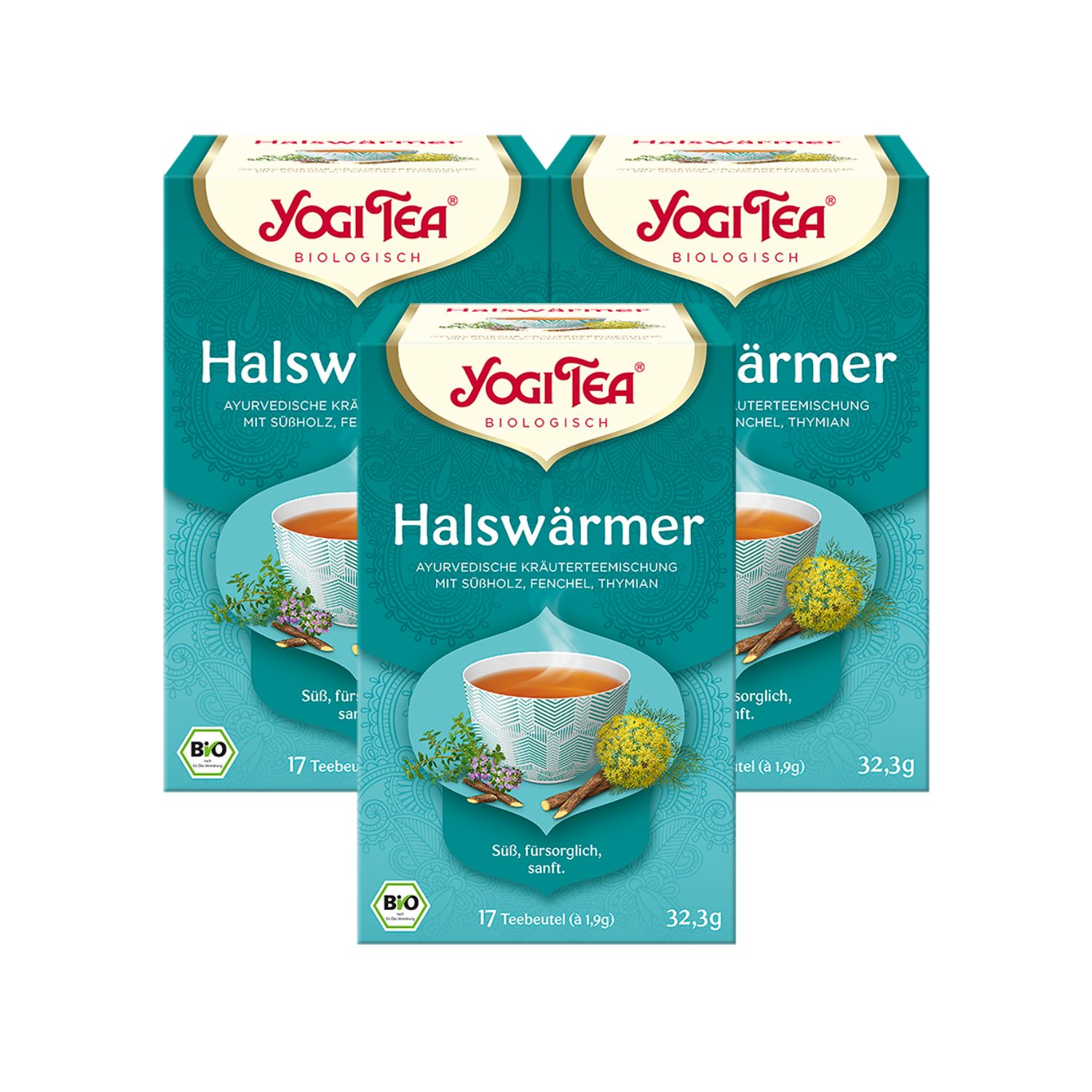 Drei Packungen Yogi Tea Halswärmer. Türkis-grüne Schachteln mit Logo, Produktname und Abbildung einer Tasse Tee.