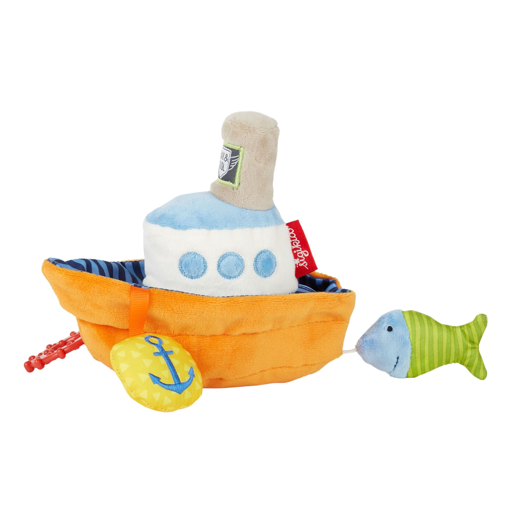 Plüschboot mit Fisch. Orangefarbenes Boot mit blauem Dach, Ankeranhänger und Fisch. Rotes Band. "sigikid"-Etikett.
