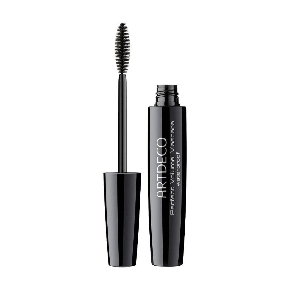 Schwarze Mascara-Tube mit Bürste. Aufschrift: ARTDECO Perfect Volume Mascara waterproof. Deckel daneben.