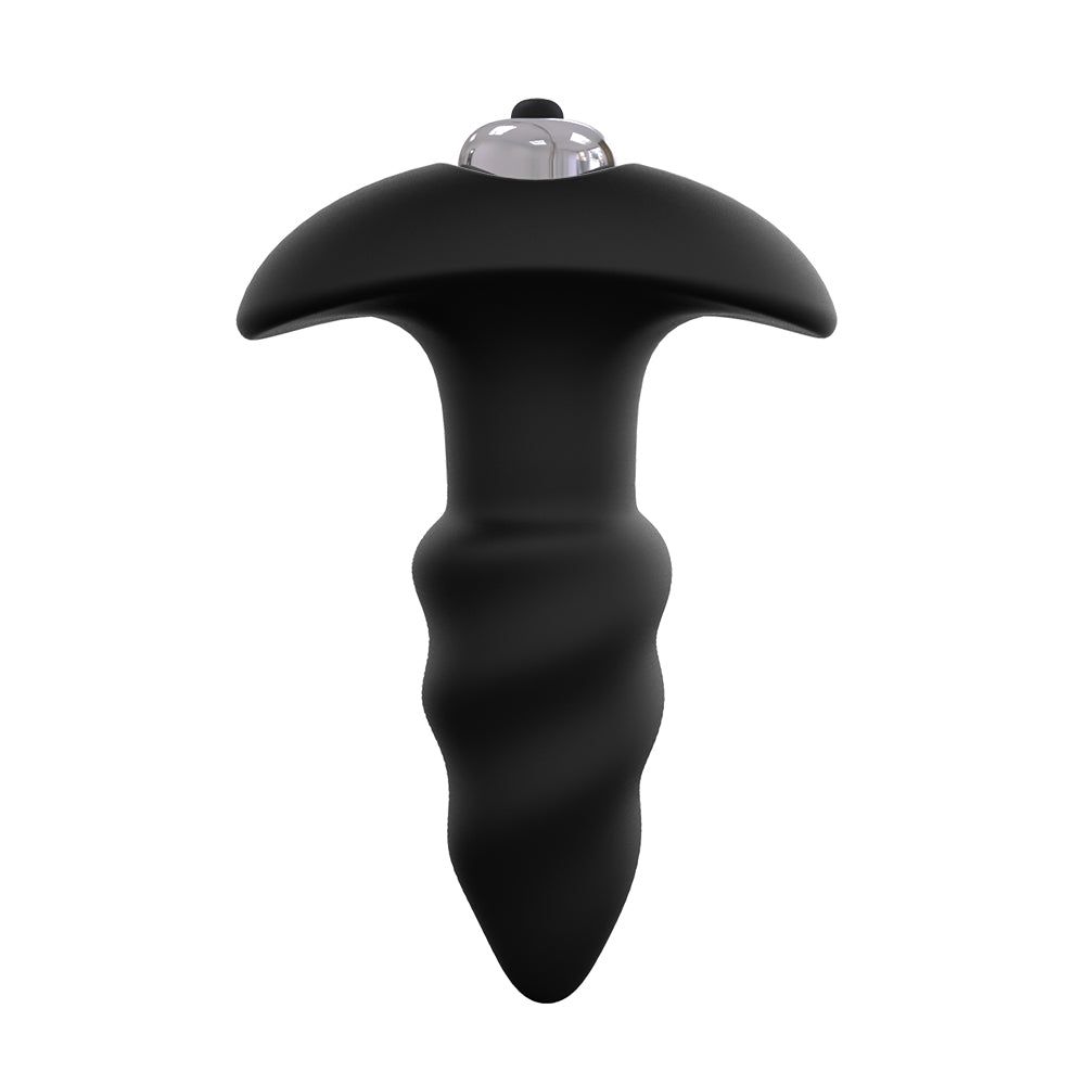 Schwarzer Analvibrator mit pilzförmigem Kopf und geriffelter Basis. Oben silberfarbener Knopf.