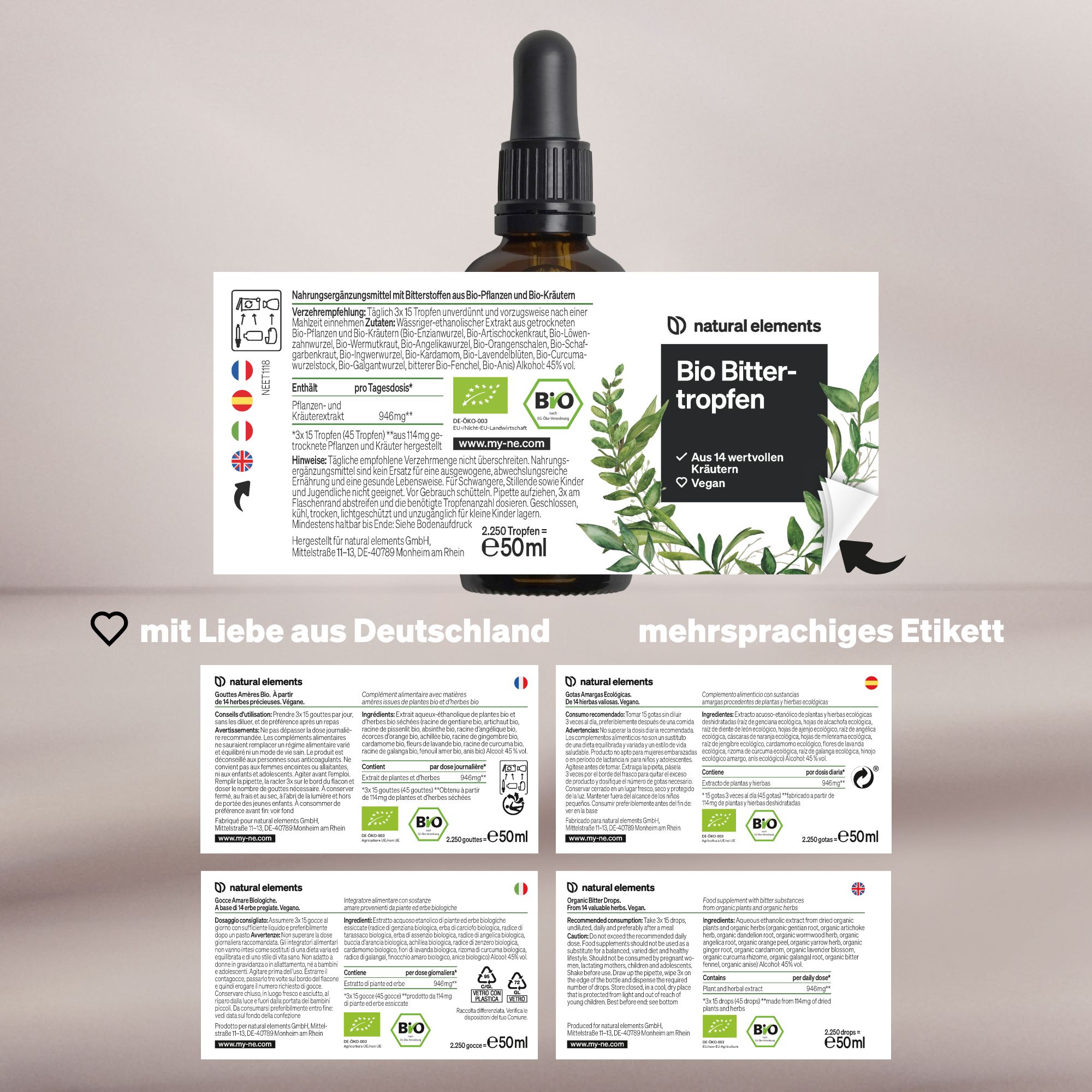 Produktflasche mit mehrsprachigem Etikett. Etikett zeigt Informationen in verschiedenen Sprachen. Mit Liebe aus Deutschland.
