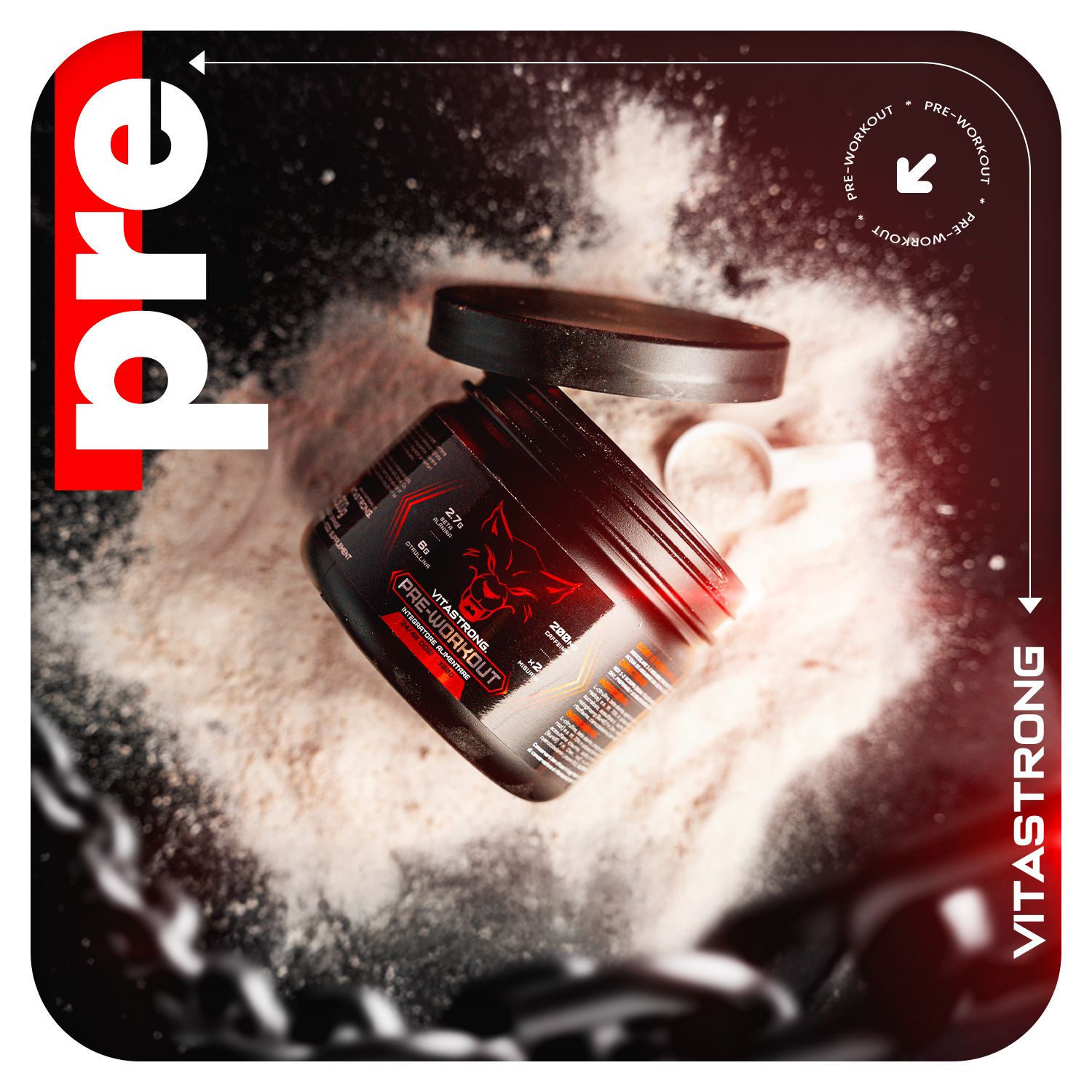 Vitastrong Pre-Workout-Dose auf Pulver. Schwarze Dose mit rotem Wolf. Produktname und Details sichtbar.