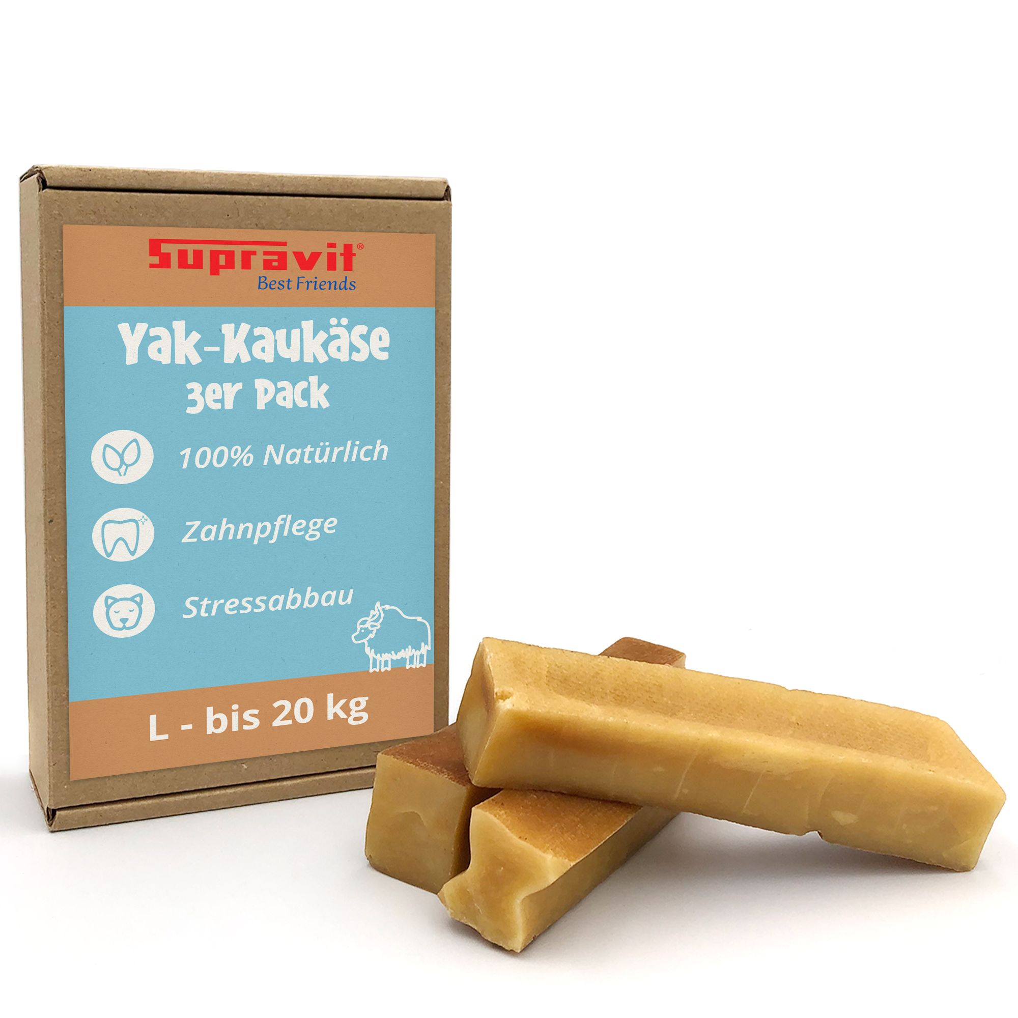 Eine Produktverpackung mit drei Yak-Kaukäse. Text: Supravit, Yak-Kaukäse 3er Pack, 100% natürlich, Zahnpflege, Stressabbau, L - bis 20 kg.