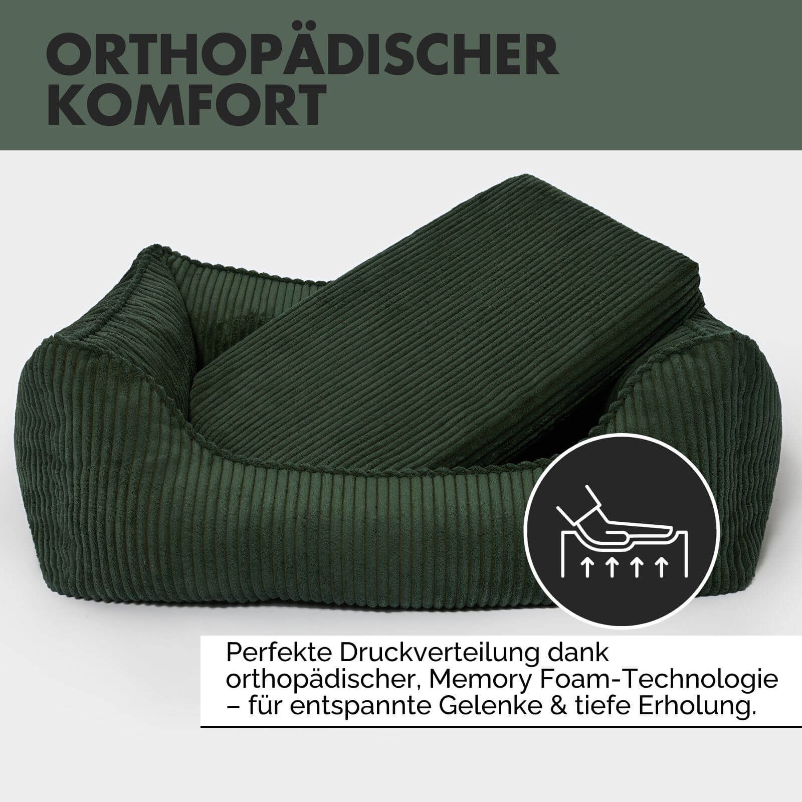 Grünes Hundebett mit Kordstruktur. Orthopädische Memory Foam-Technologie.