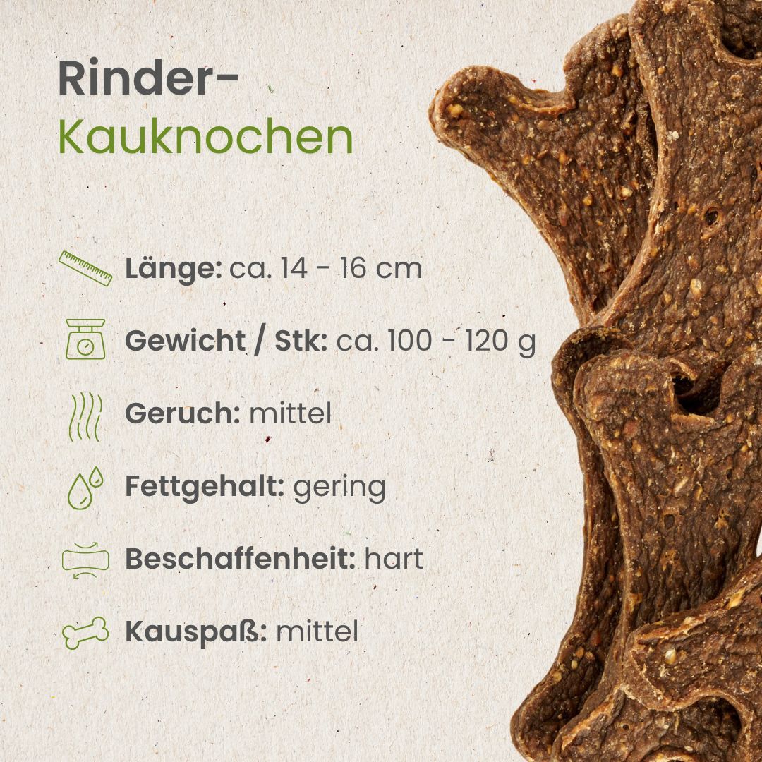 Rinder-Kauknohen, ca. 14-16 cm lang, hart, gut verträglich.