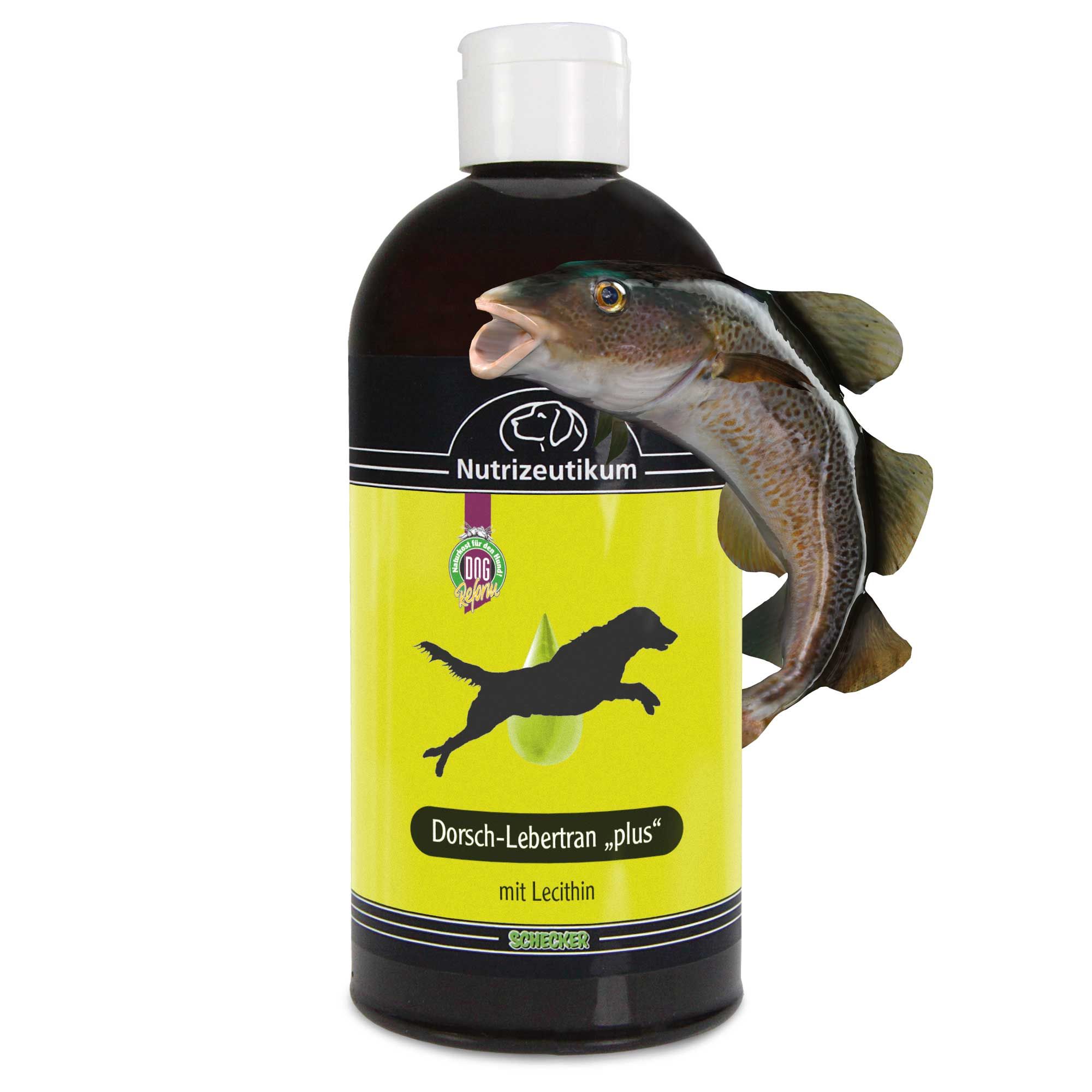 Flasche mit gelbem Etikett, schwarzem Text und einem springenden Hund. Ein Fisch ist teilweise über der Flasche abgebildet.