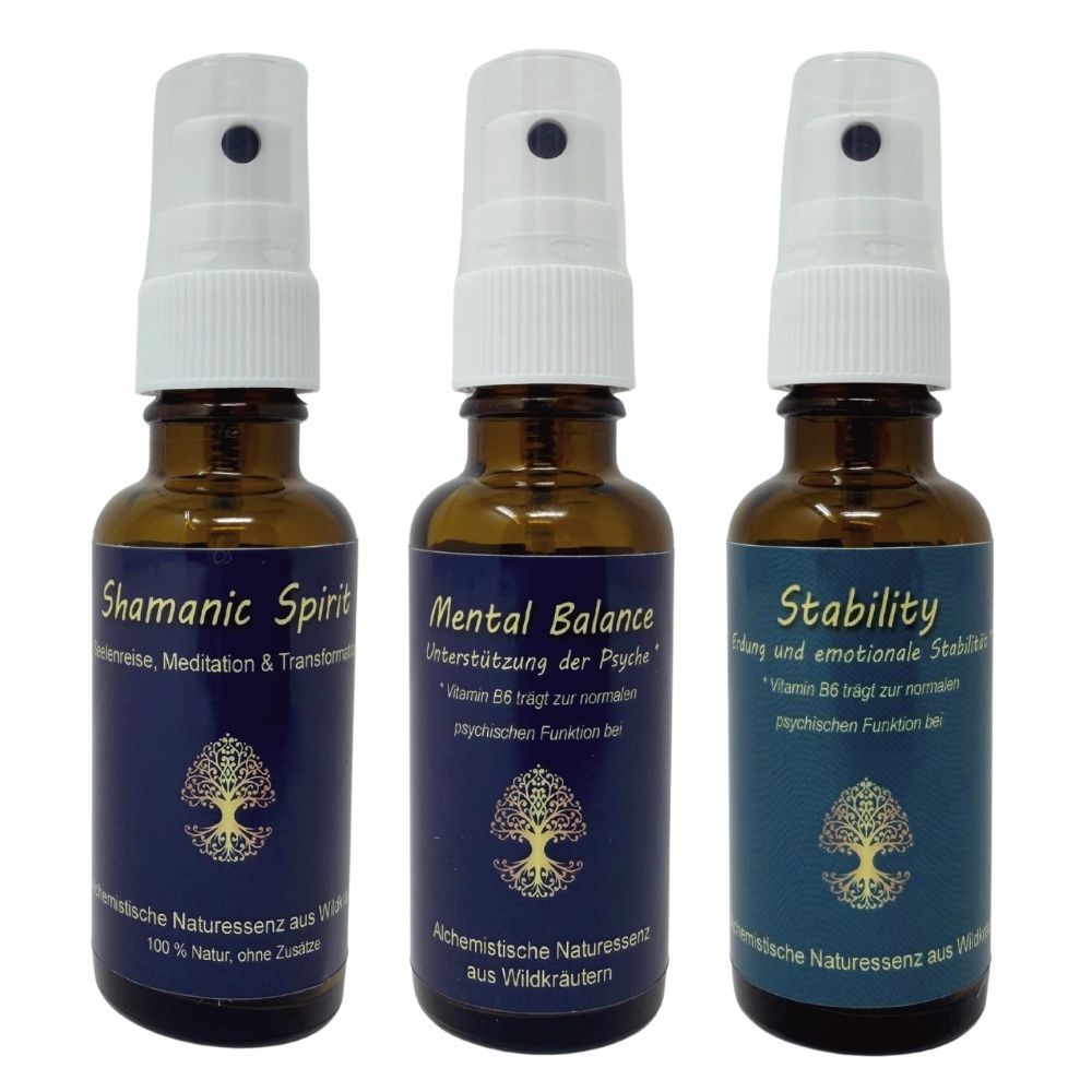 Drei braune Sprühflaschen mit Etiketten: Shamanic Spirit, Mental Balance, Stability. Mit Baum-Logo.
