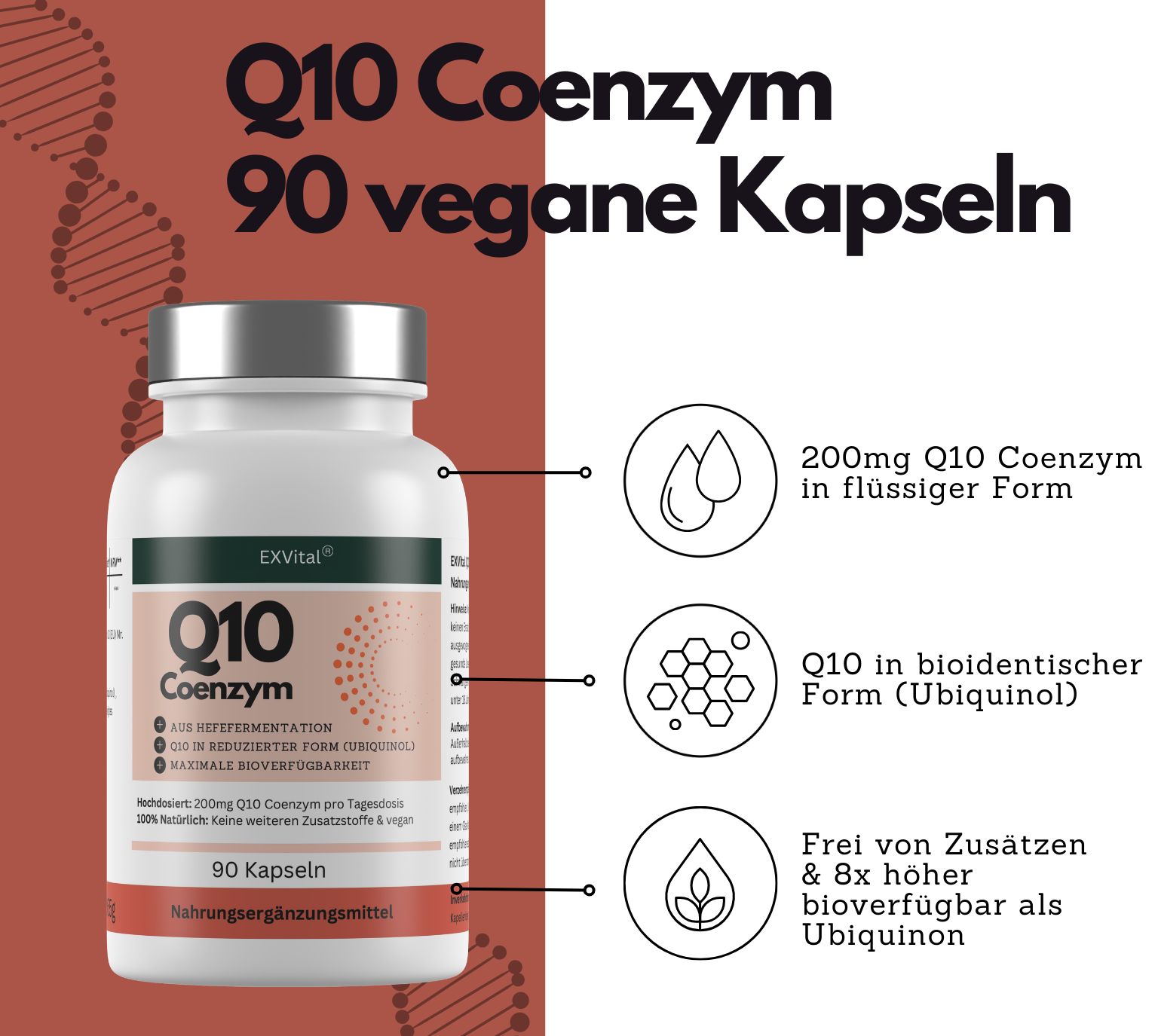Flasche EXVital Q10 Coenzym 90 vegane Kapseln. 200mg Q10 in flüssiger Form.